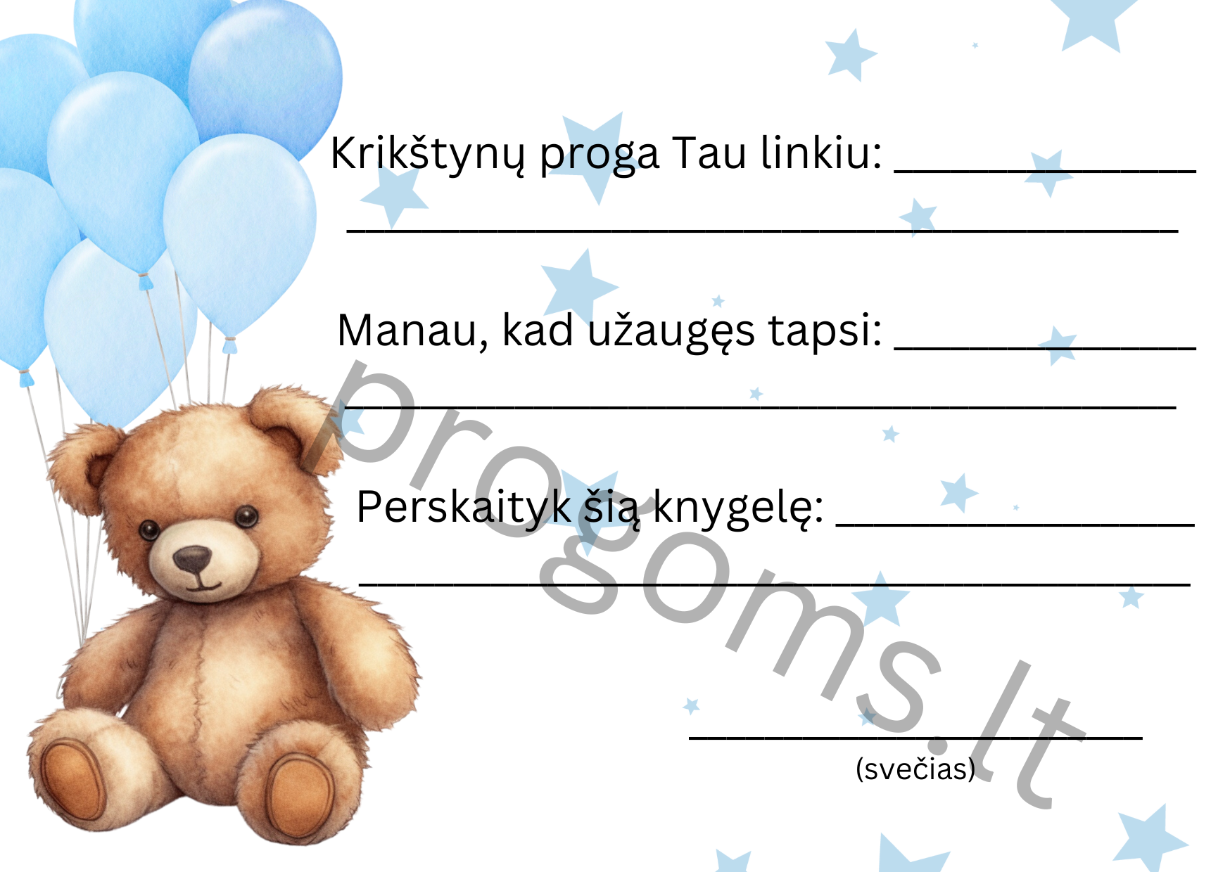 Krikštynų palinkėjimų kortelės berniukui su meškiuku (20 vnt.)