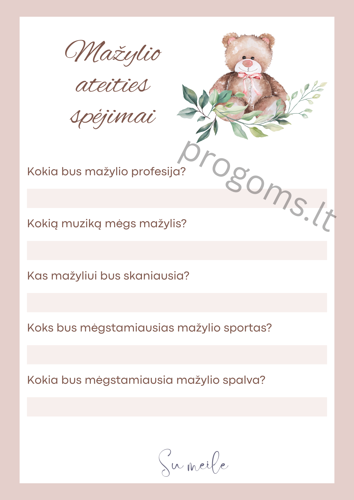 Žaidimas mažylio ateities spėjimai. Rausvos kortelės 14,2 × 20,3 cm, vienpusė spauda (10 vnt.)