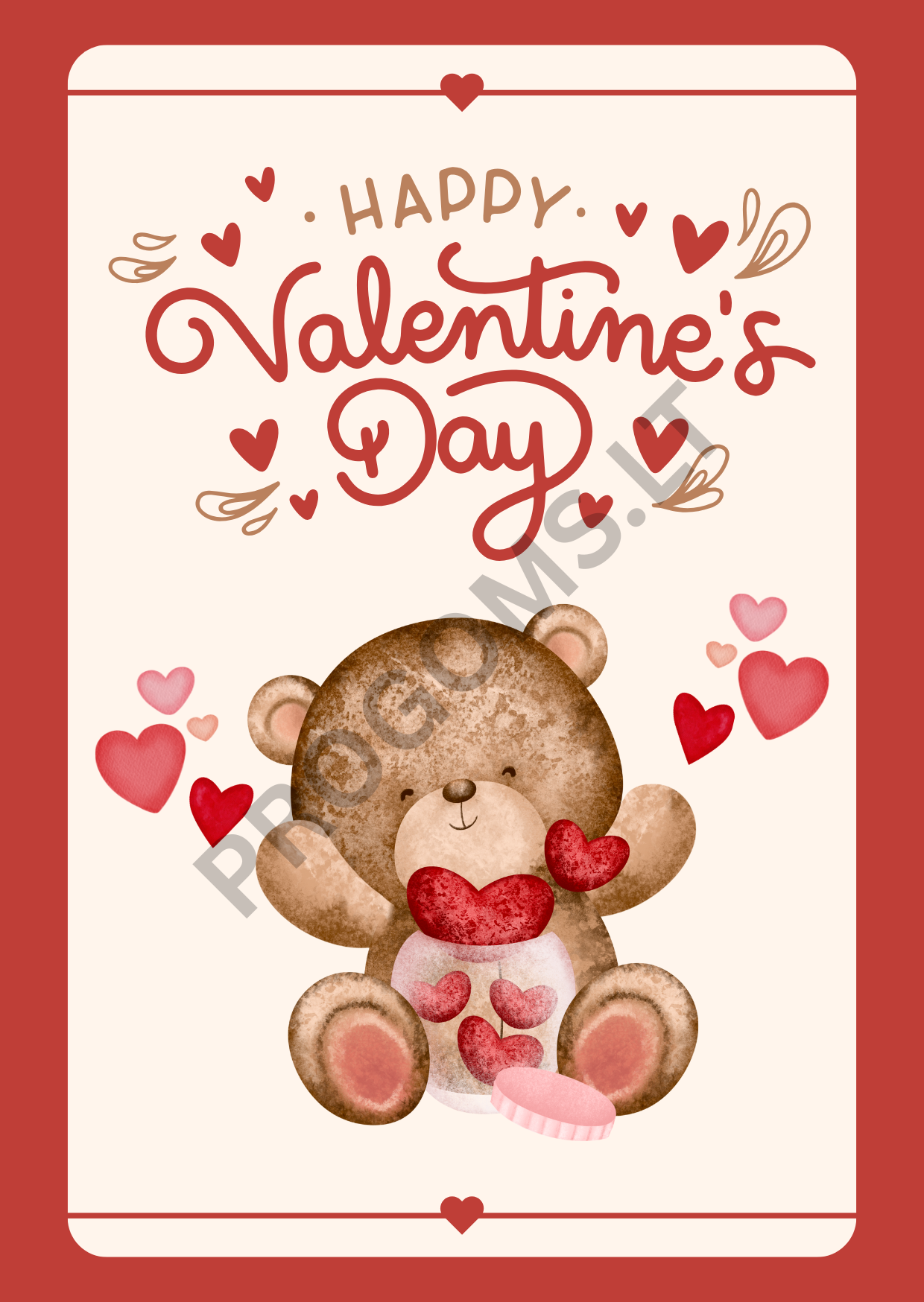 Atvirukas su voku Valentino dienai su meškiuku „Happy Valentine’s Day“