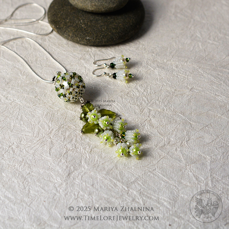 White Lily-Of-The-Valley Flower Spring Bouquet Earrings and Pendant Set