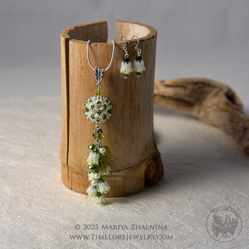 White Lily-Of-The-Valley Flower Spring Bouquet Earrings and Pendant Set