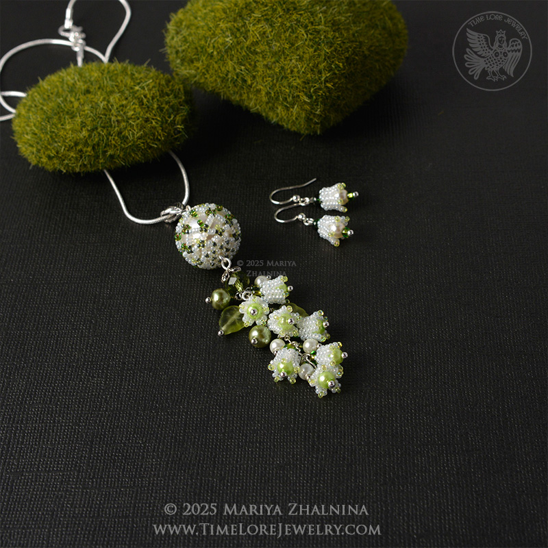 White Lily-Of-The-Valley Flower Spring Bouquet Earrings and Pendant Set