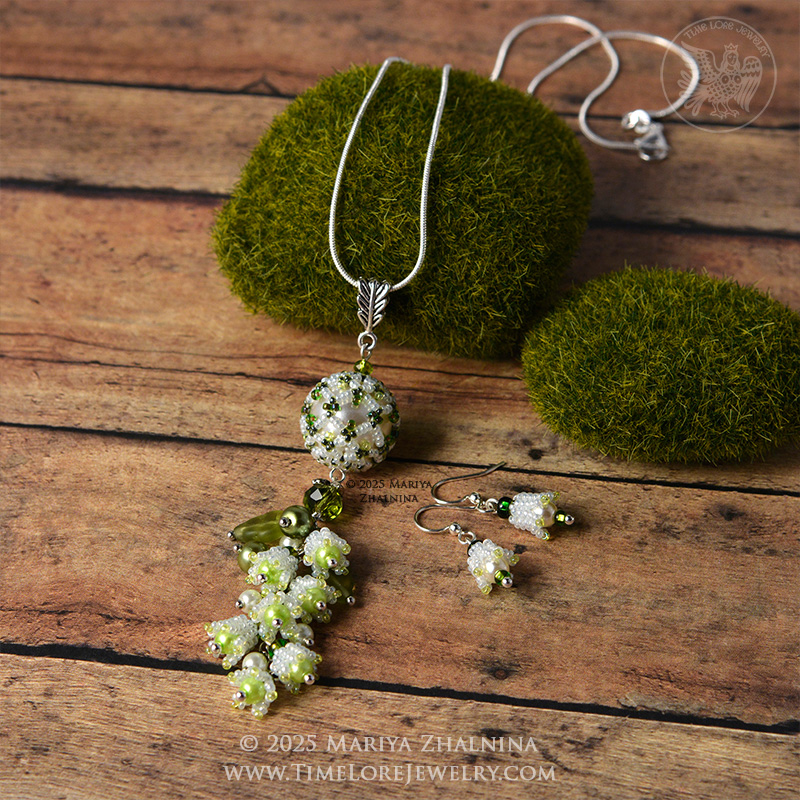 White Lily-Of-The-Valley Flower Spring Bouquet Earrings and Pendant Set