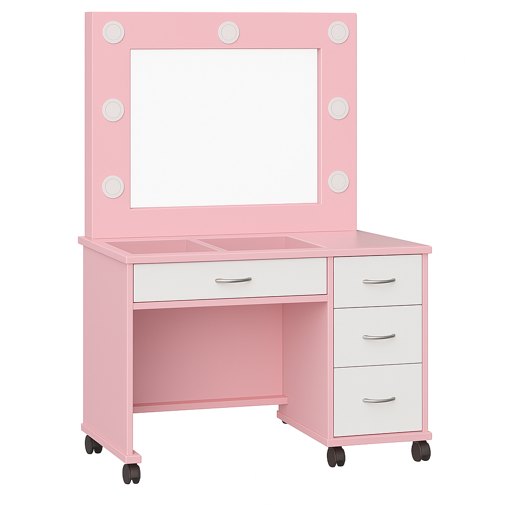 Tocador rosa con espejo