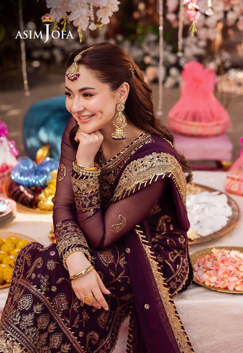 Embroidered Maroon Formal Dress by Asim Jofa Elegant traditional attire with luxurious golden embroidery