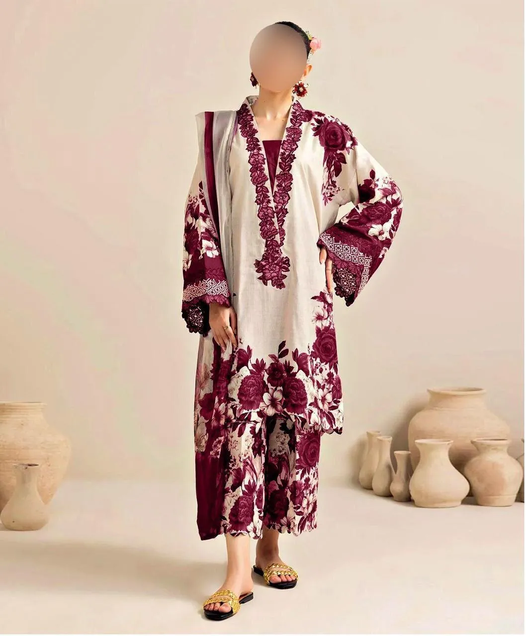 Elegant White and Maroon Floral Embroidered Suit