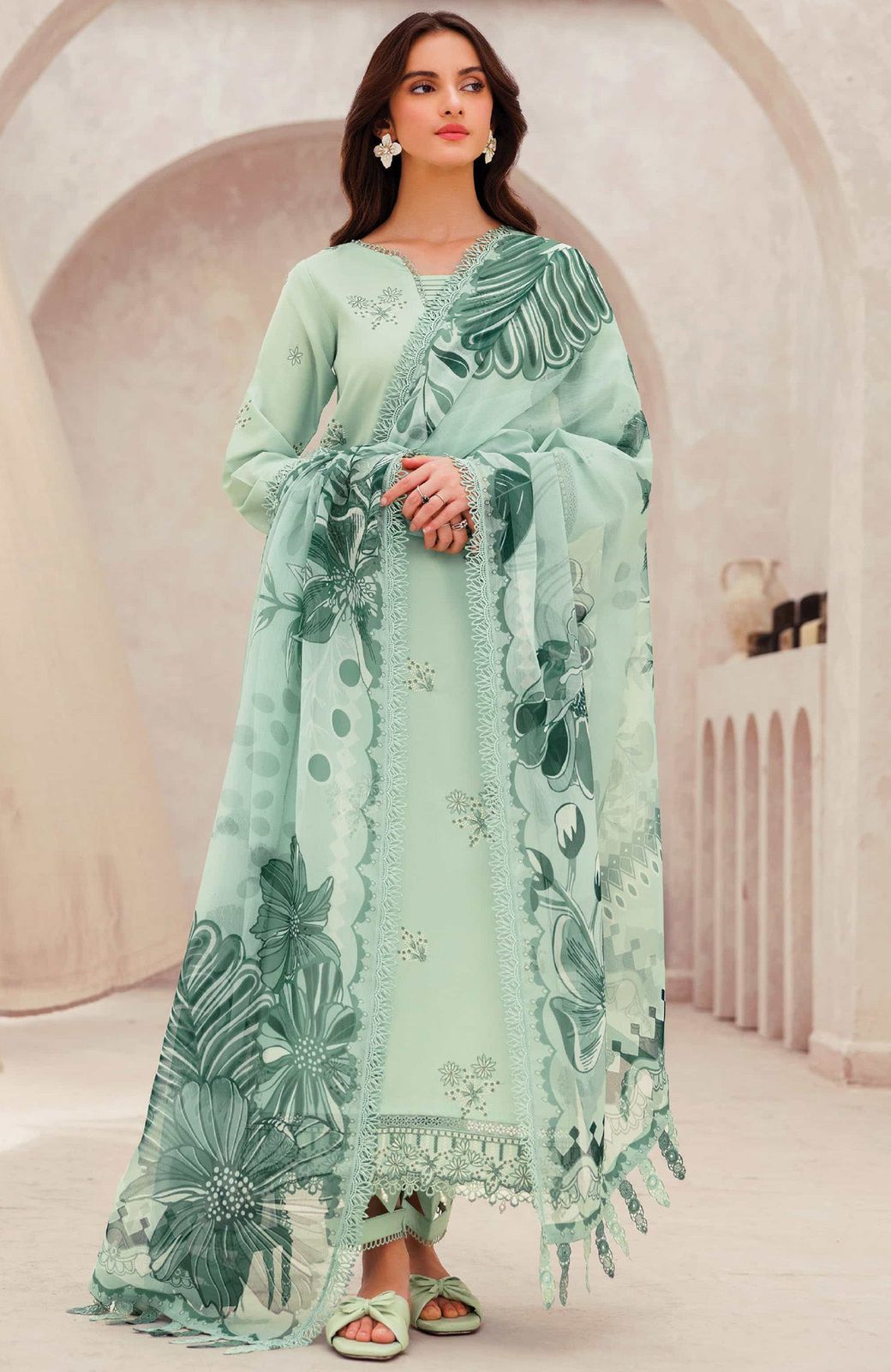 Mint Green Floral Embroidered Suit