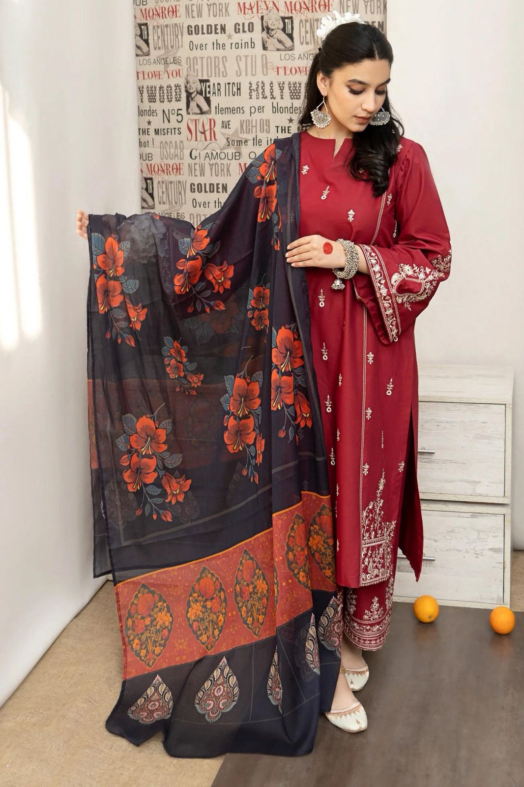 Festive Deep Red Kurta Set with Bold Floral Printed Dupatta