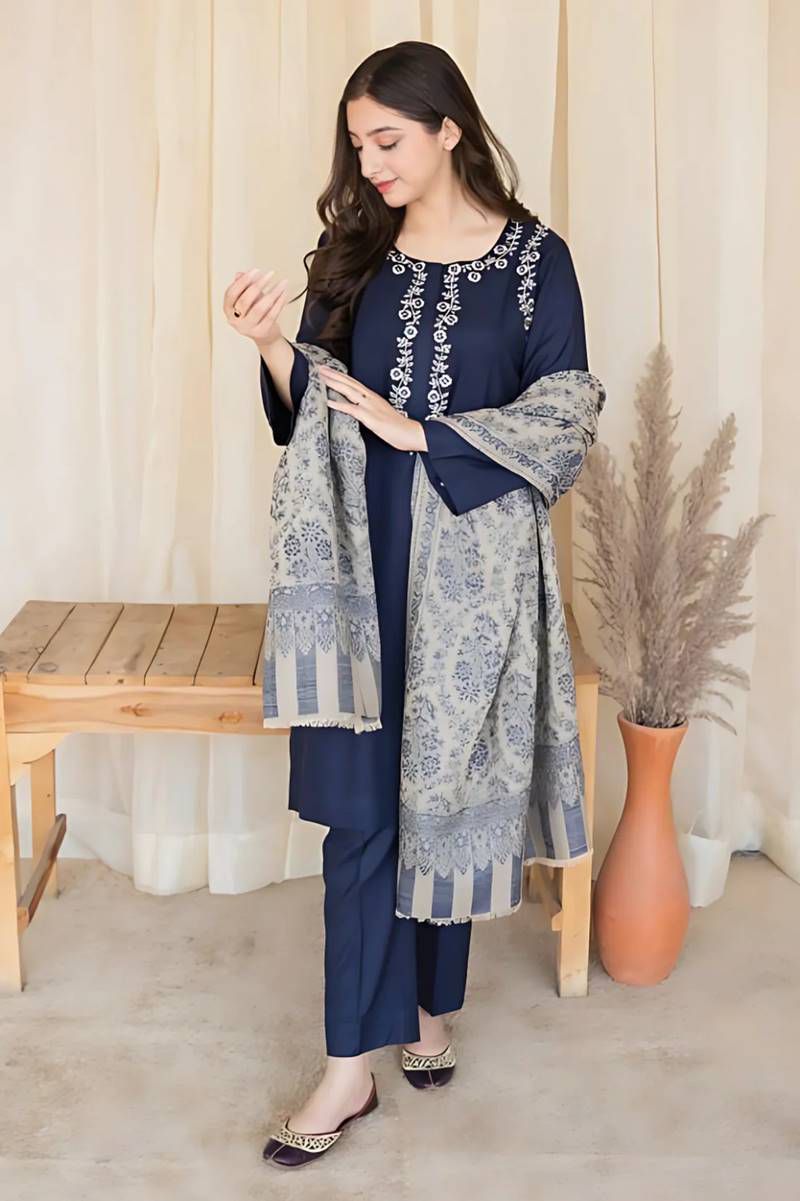 Classic Navy Blue Suit with White Embroidered Neckline | Sophisticated Winter Shawl