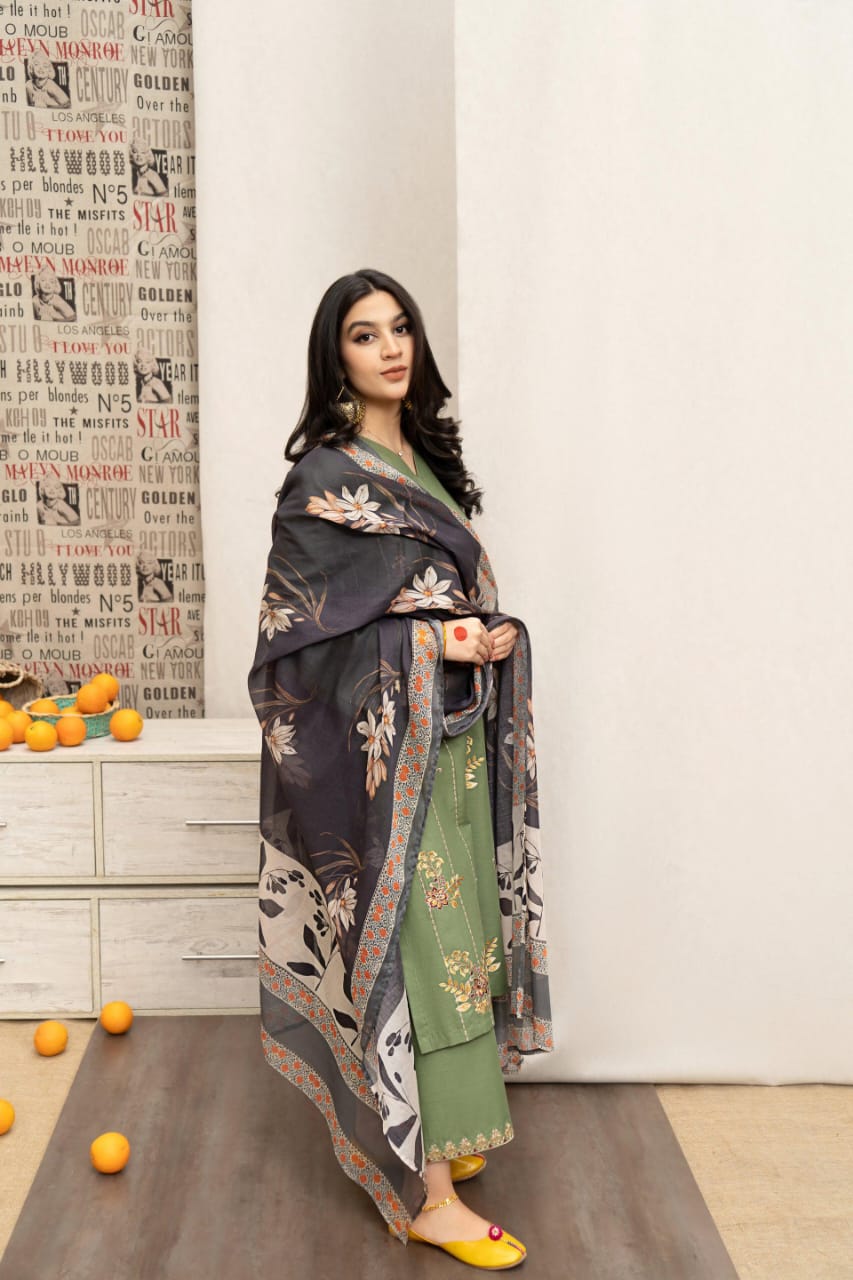 Chic Olive Green 3-Piece Suit with Statement Floral Dupatta