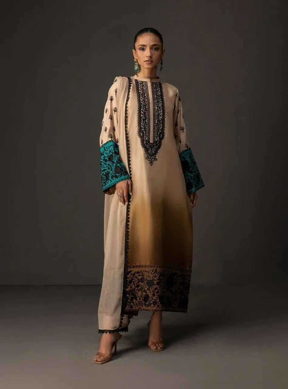 Embroidered Beige & Teal Kaftan