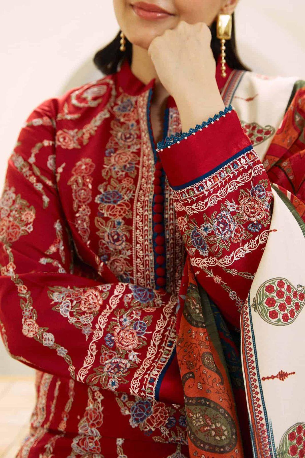 Traditional Red Embroidered Lawn Dress