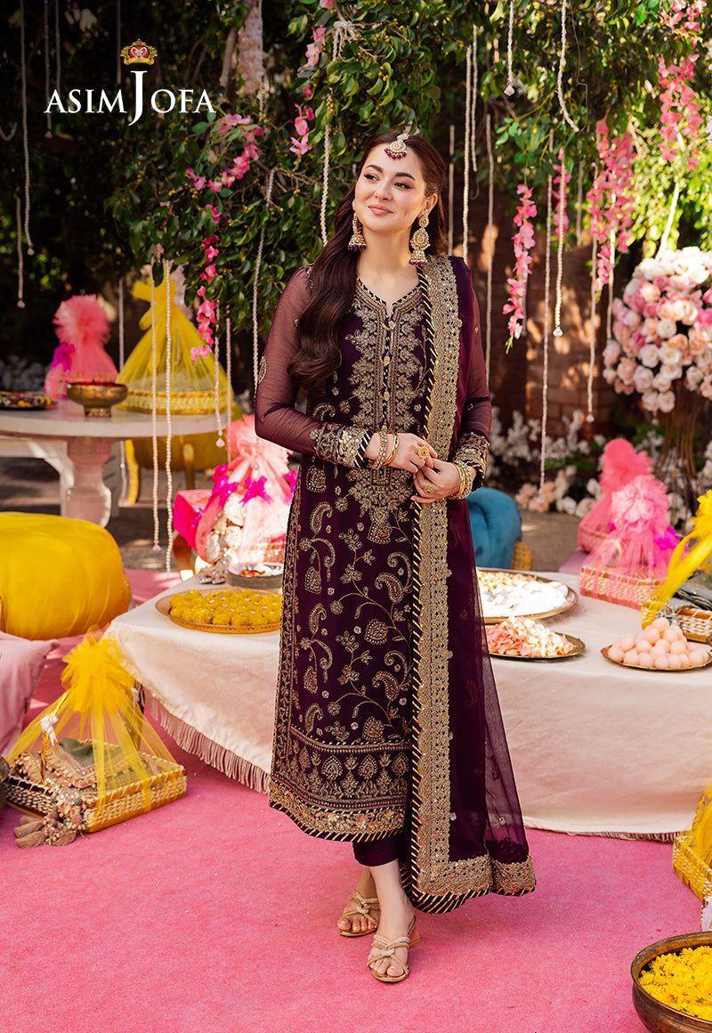 Embroidered Maroon Formal Dress by Asim Jofa Elegant traditional attire with luxurious golden embroidery