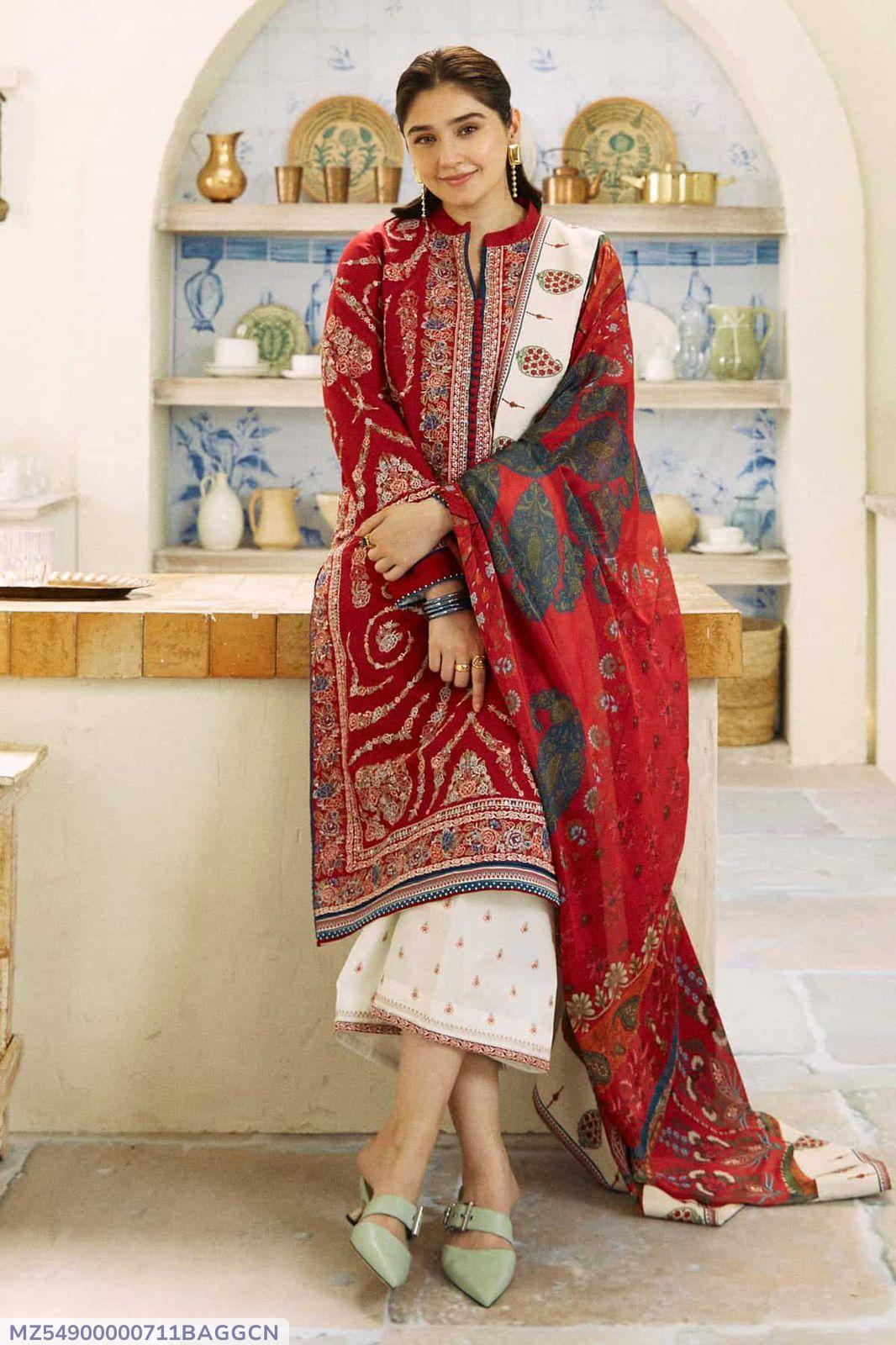Traditional Red Embroidered Lawn Dress