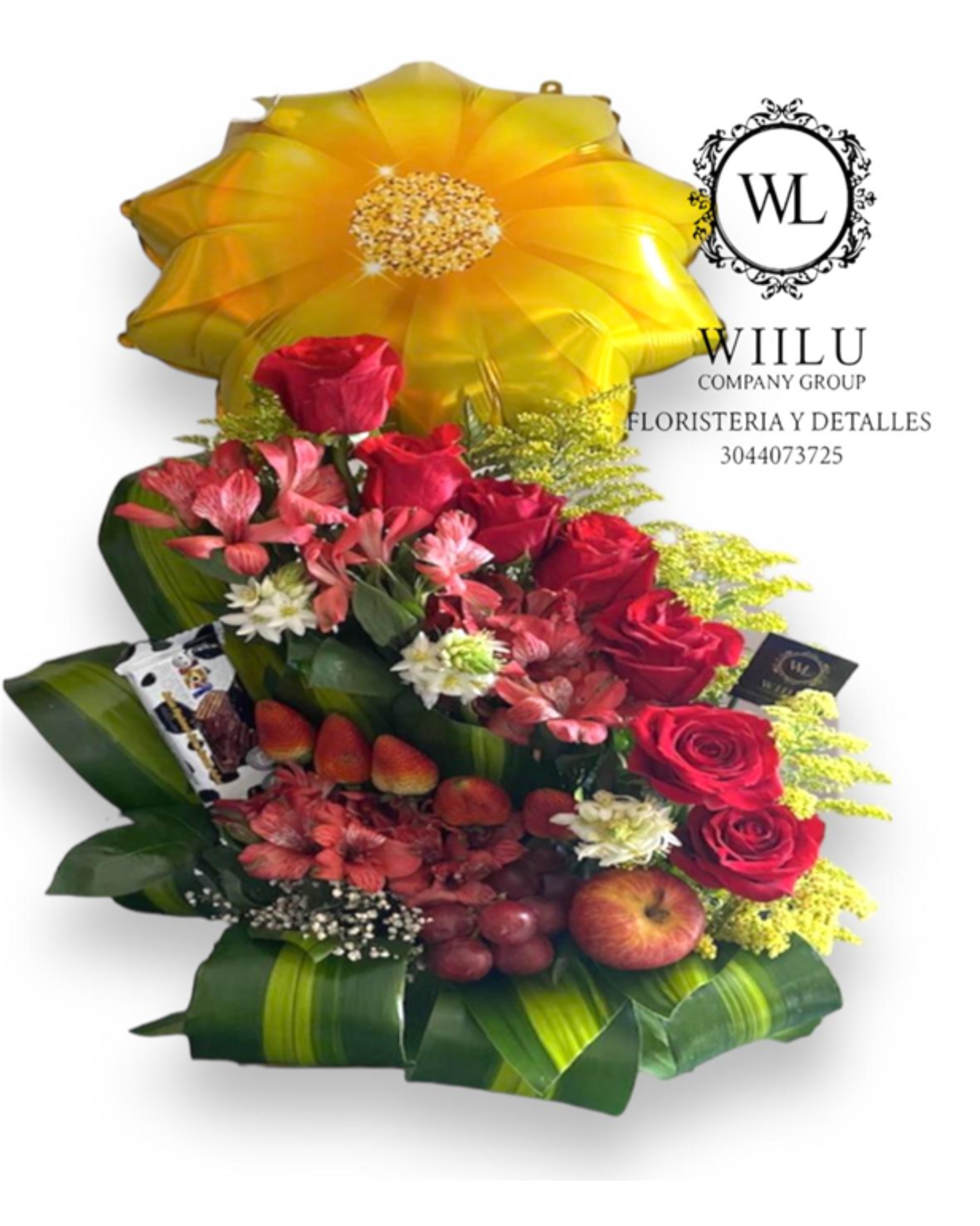 Arreglo floral con globo + frutas + globo metalizado personalizado