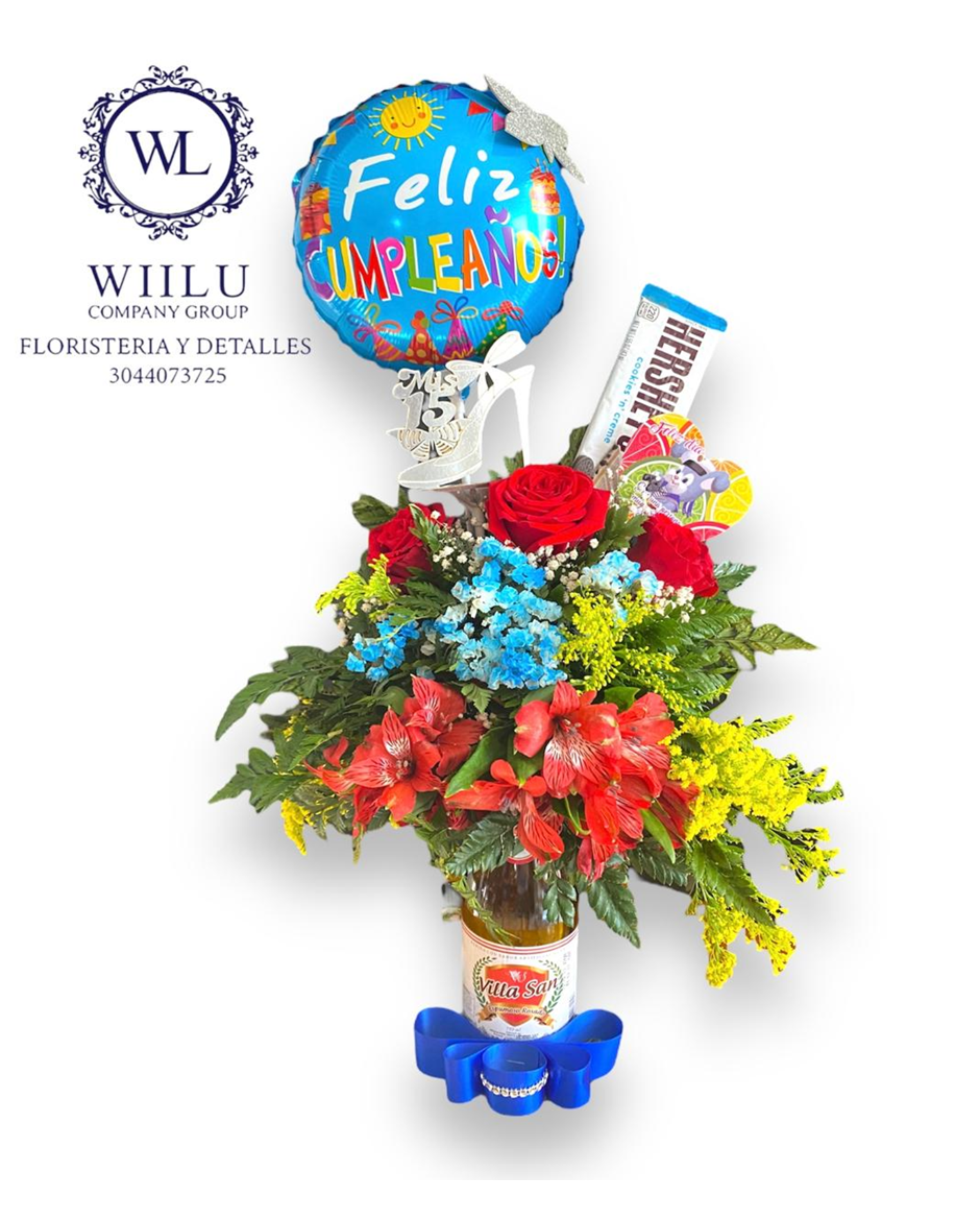 Arreglo de cumpleaños con flores + globo + chocolates + cerveza