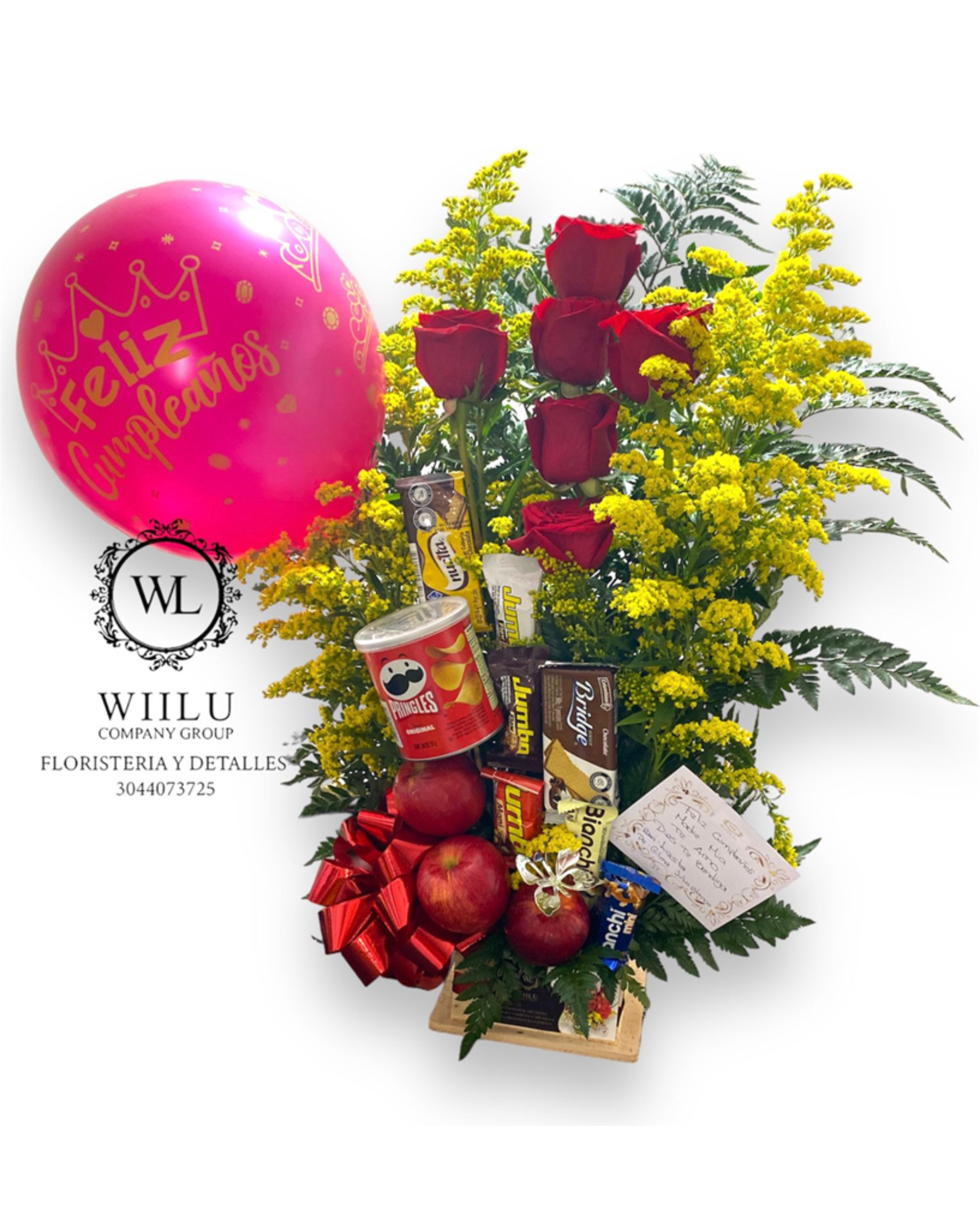 Arreglo para ocasión especial con flores + regalos + frutas + globo
