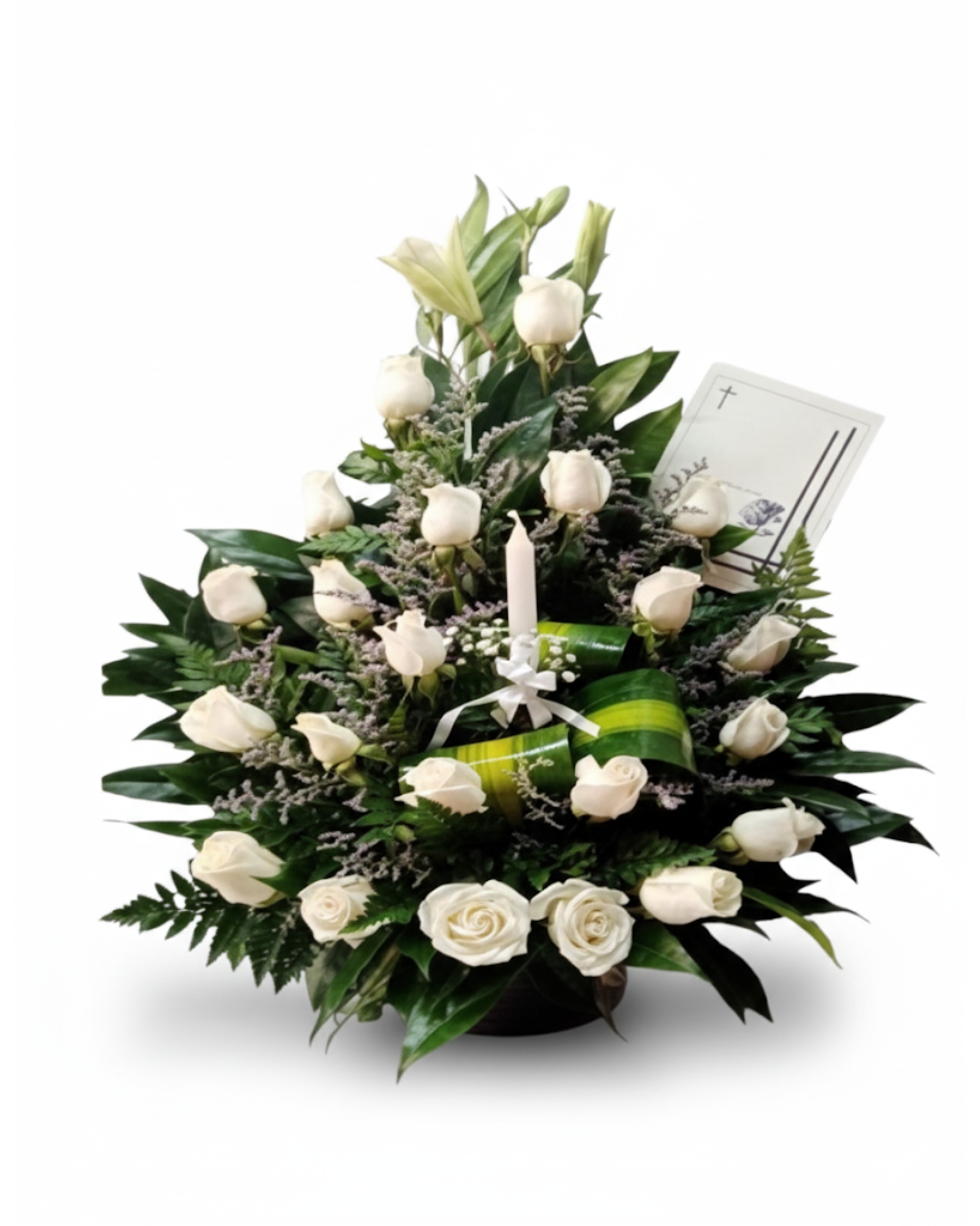 Arreglo floral funerario de rosas blancas