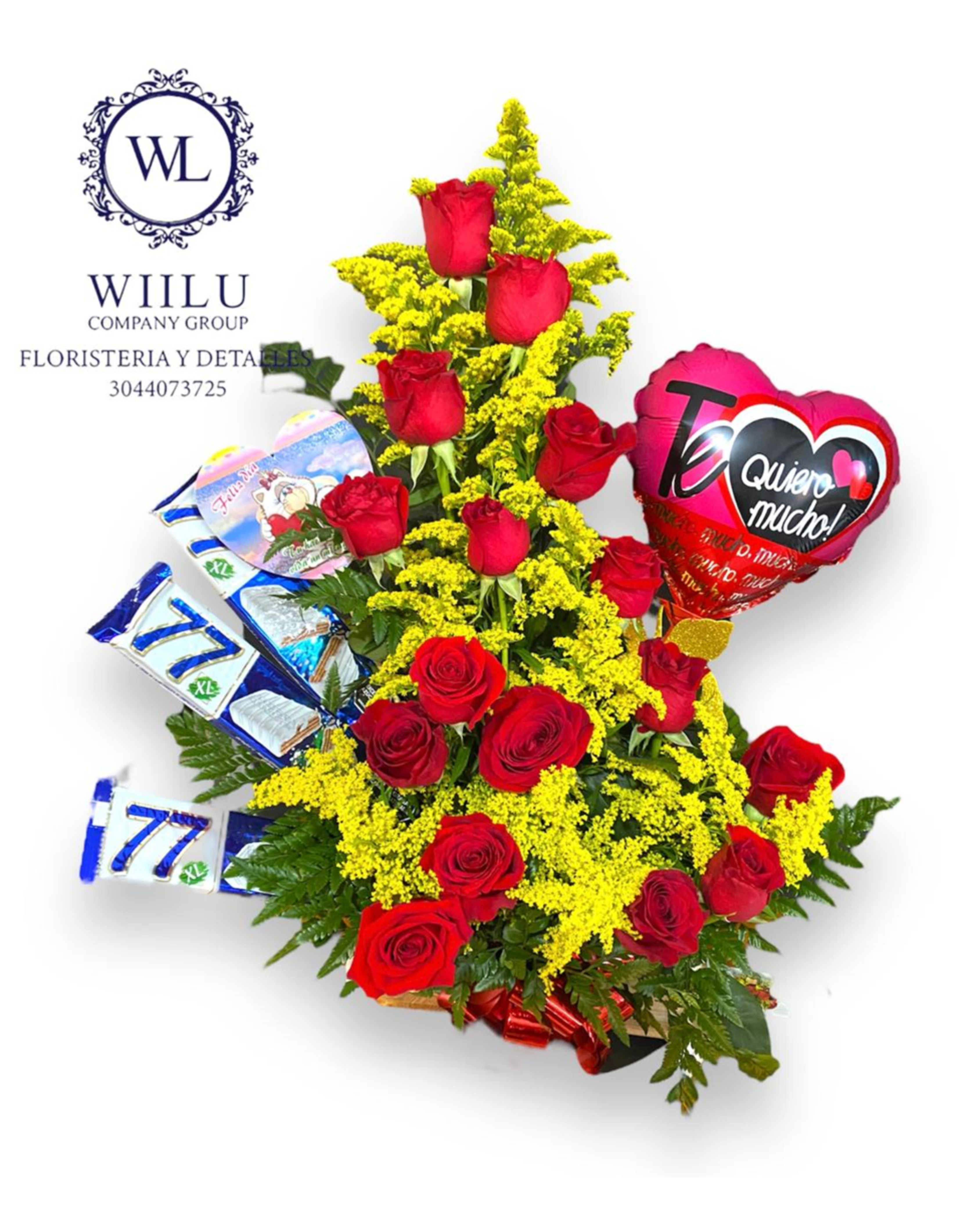 Arreglo floral globo metalizado + chocolates