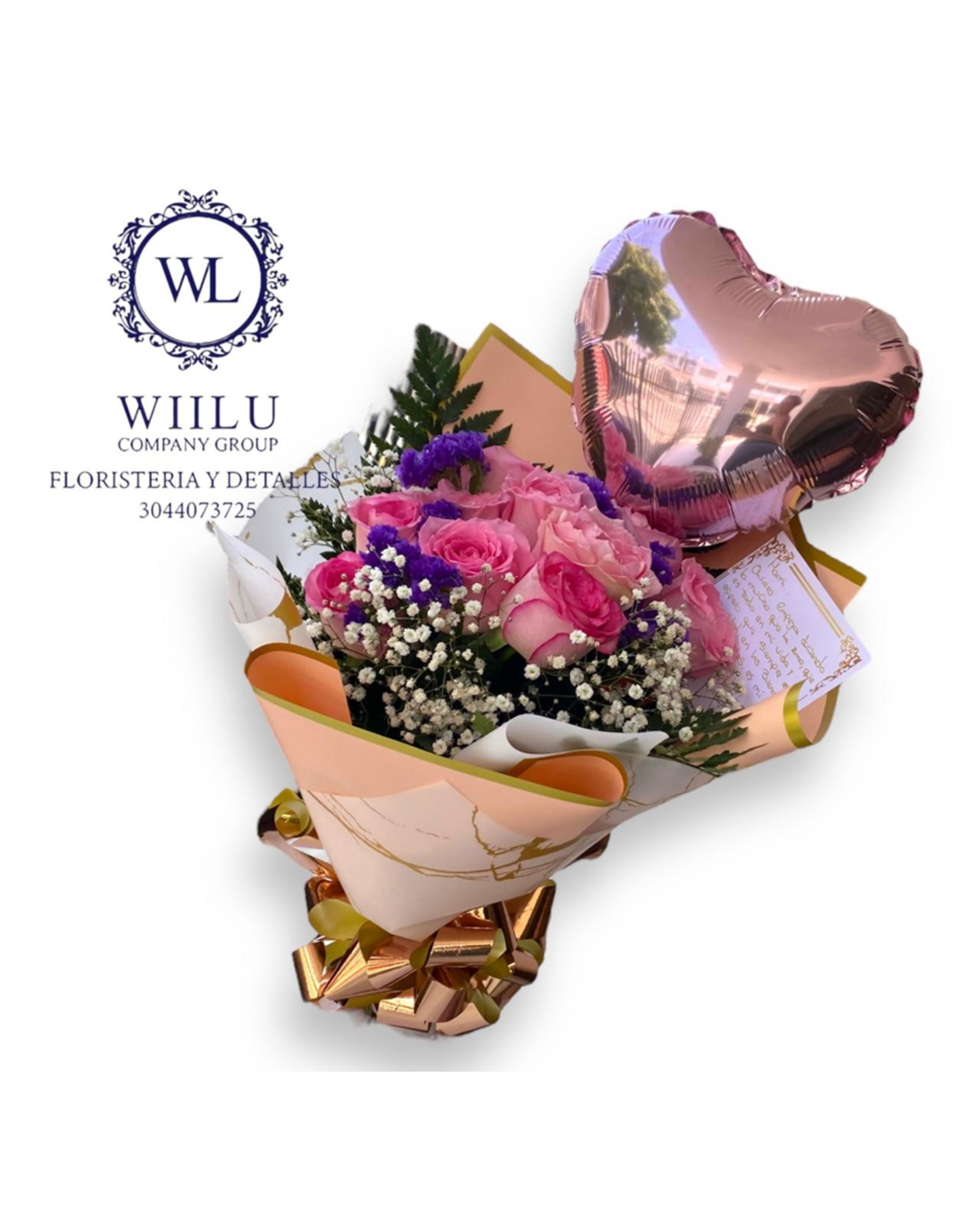 Ramo de flores con globo metalizada en forma de corazón