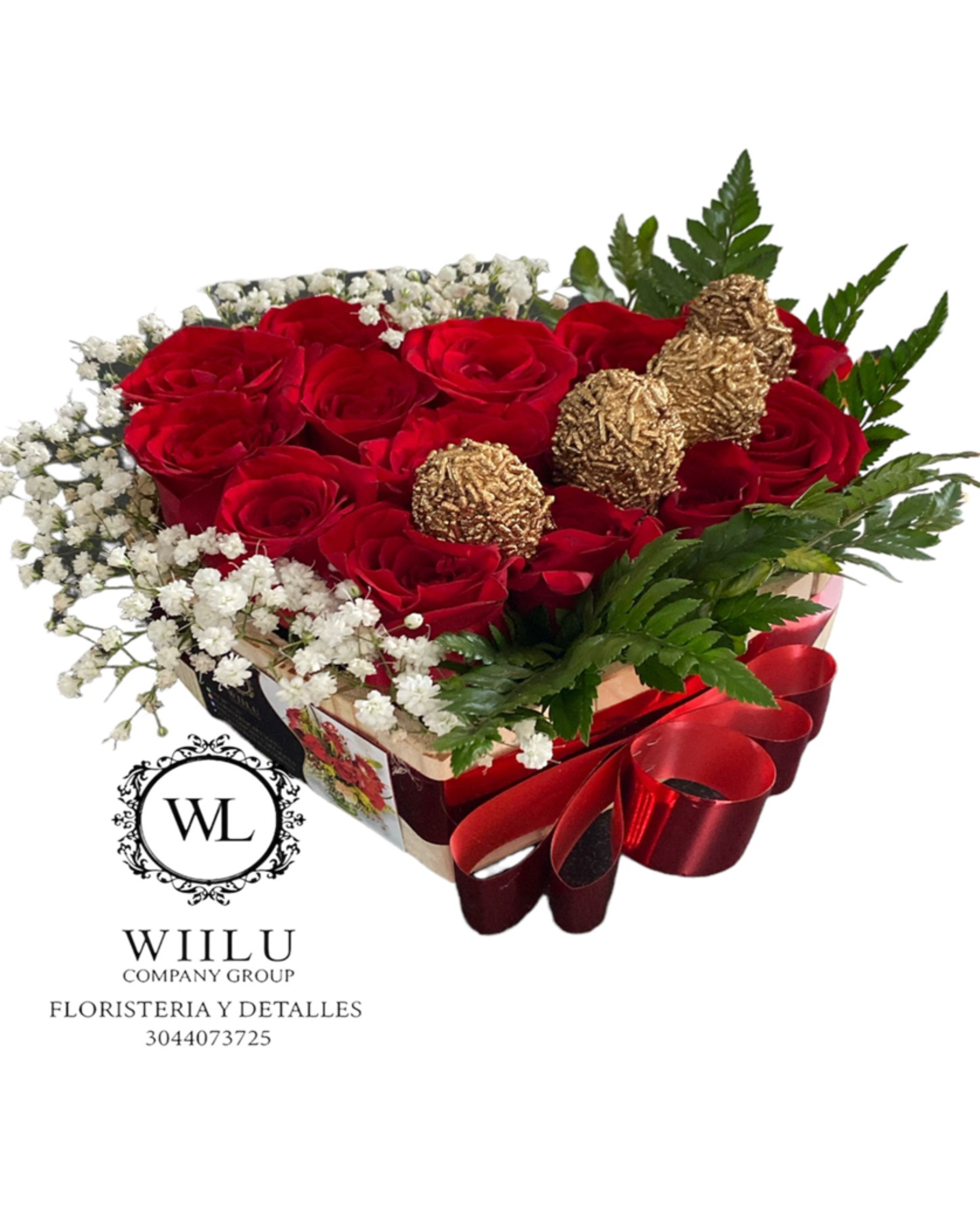 Caja en forma de corazón de rosas, chocolates o frutas