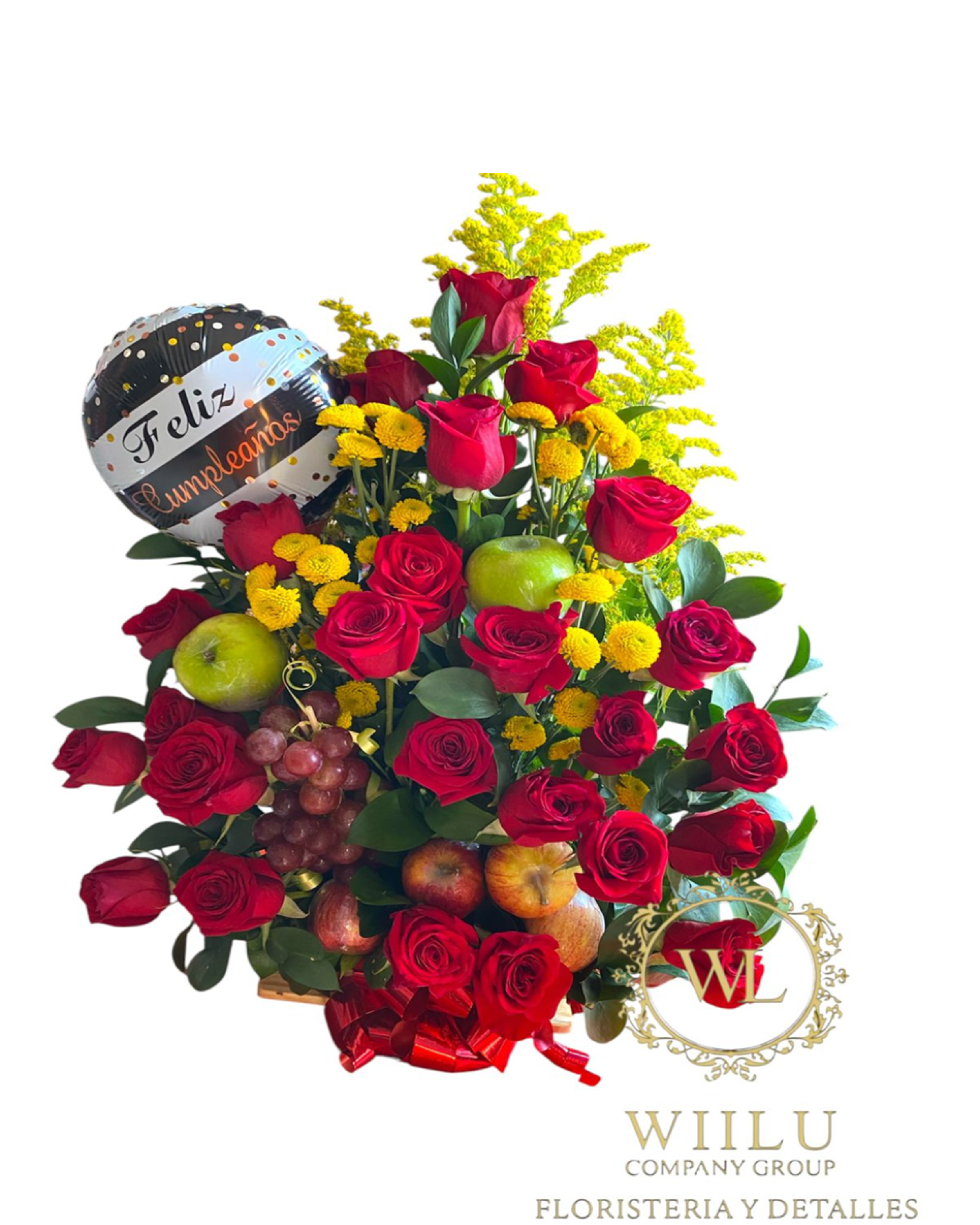 Arreglo de rosas + frutas + globo metalizado