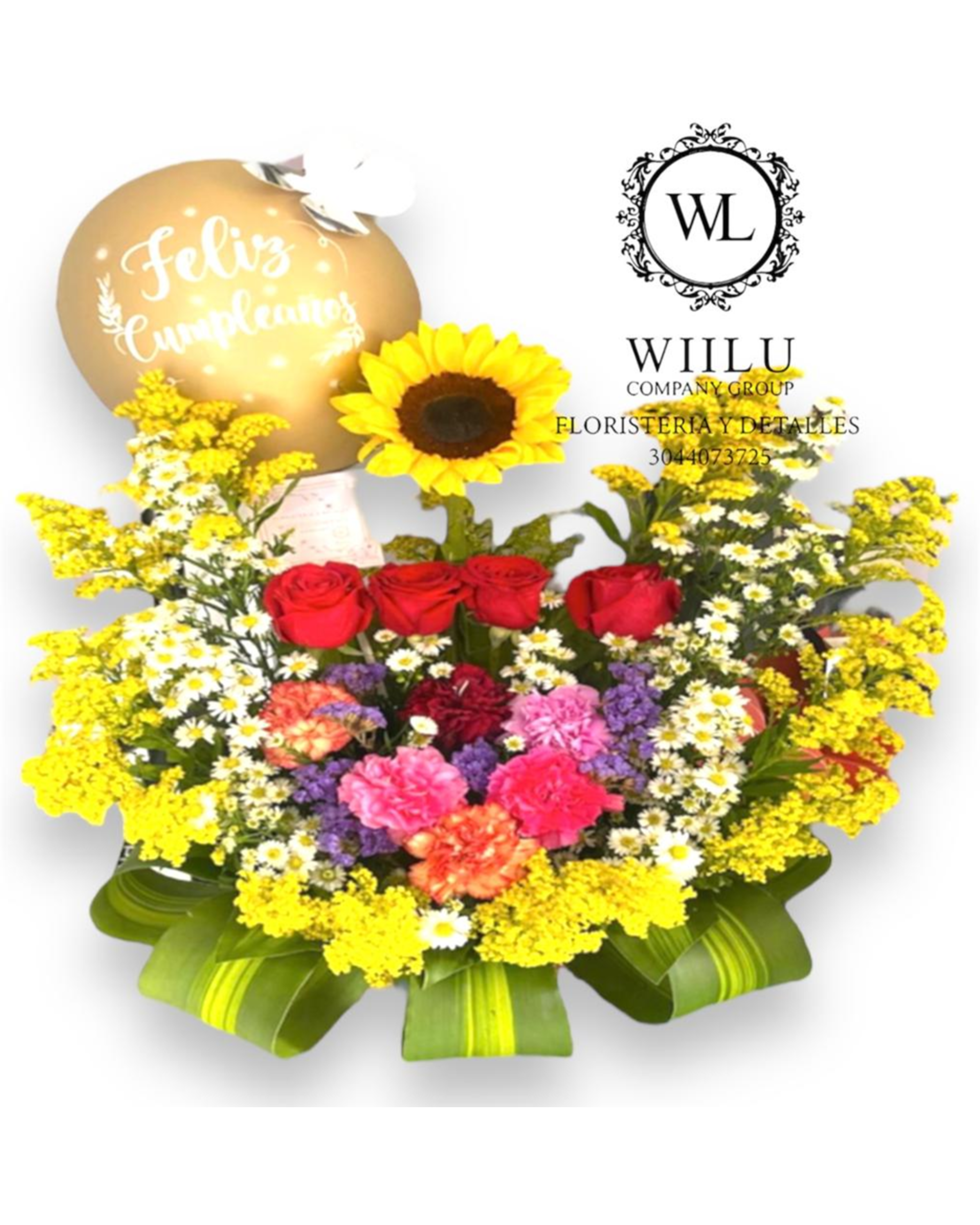 Arreglo floral rosas + girasol + globo