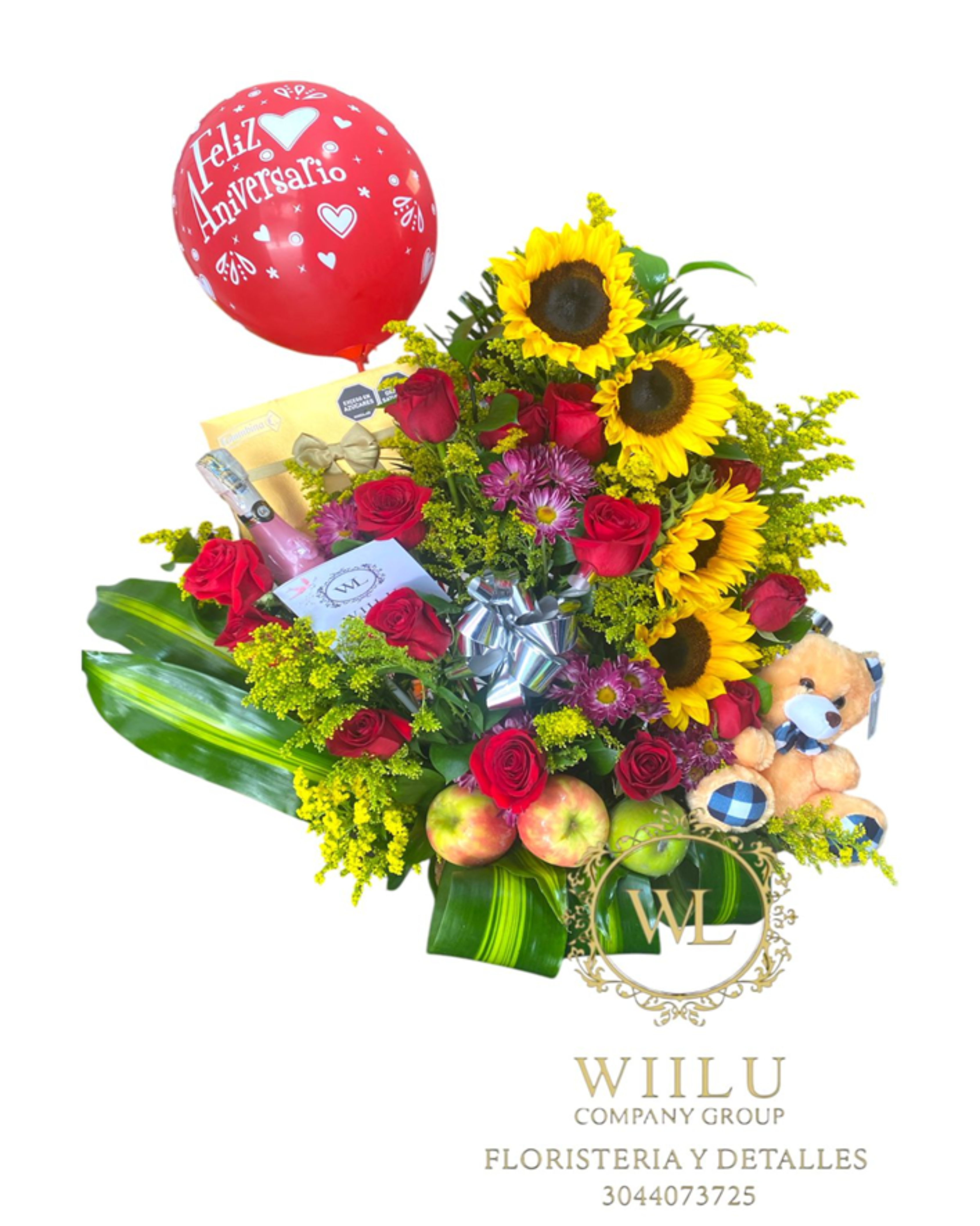 Arreglo de flores con girasoles y rosas + champaña + globos + frutas