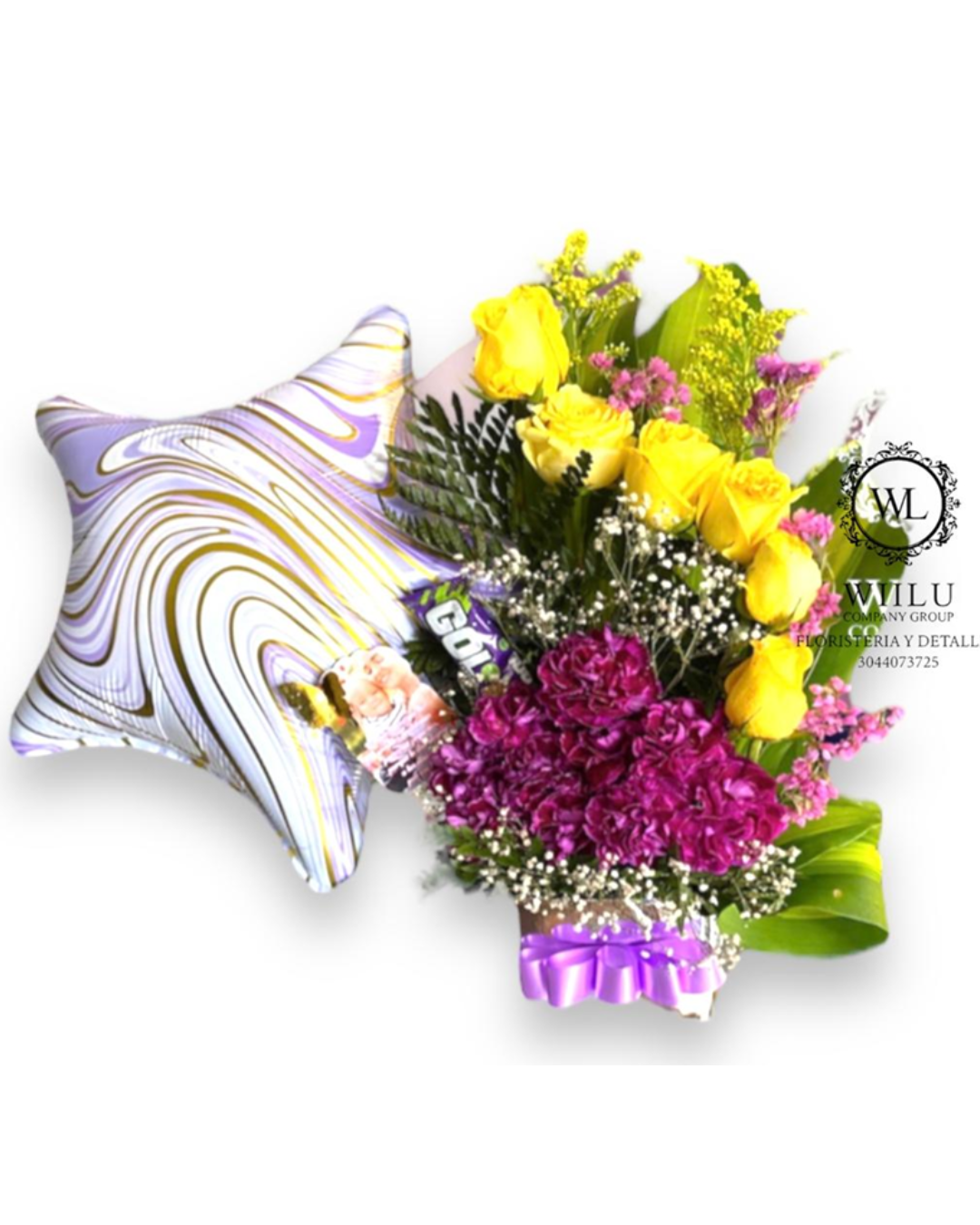 Arreglo Floral + Globo metálico 