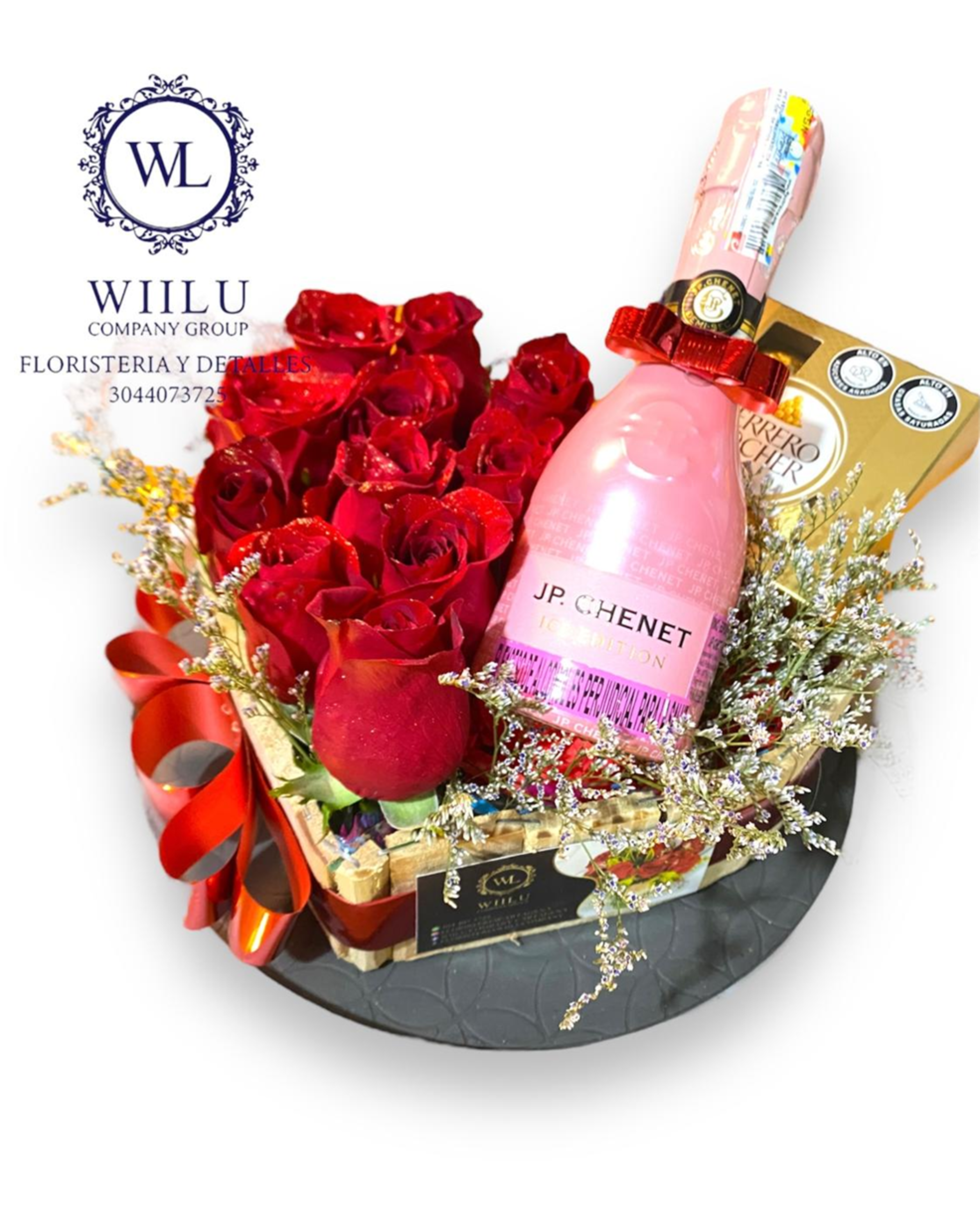 Arreglo de rosas con vino espumoso y chocolates