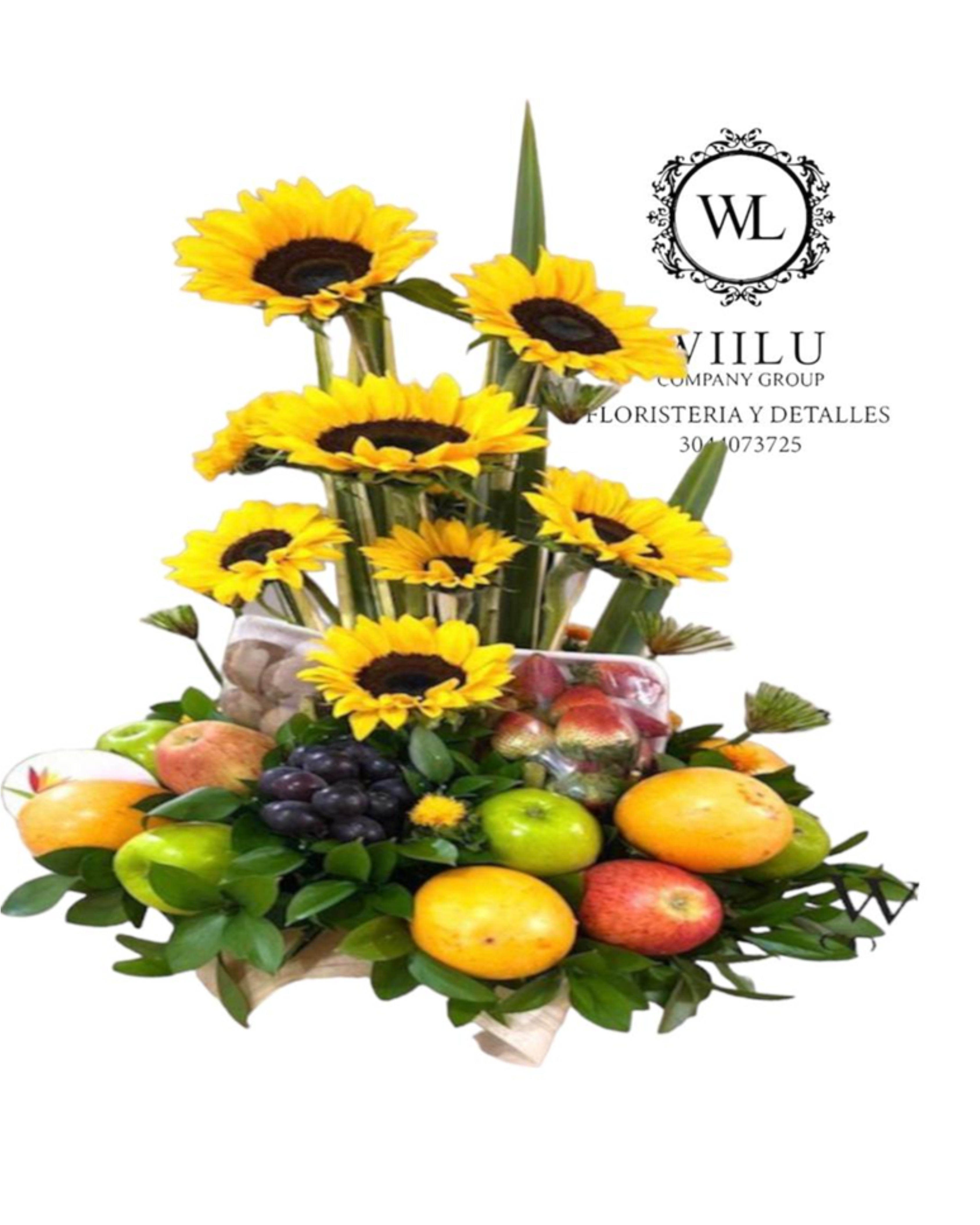 Arreglo floral de girasoles y rosas + frutas + globo y tarjeta personalizada