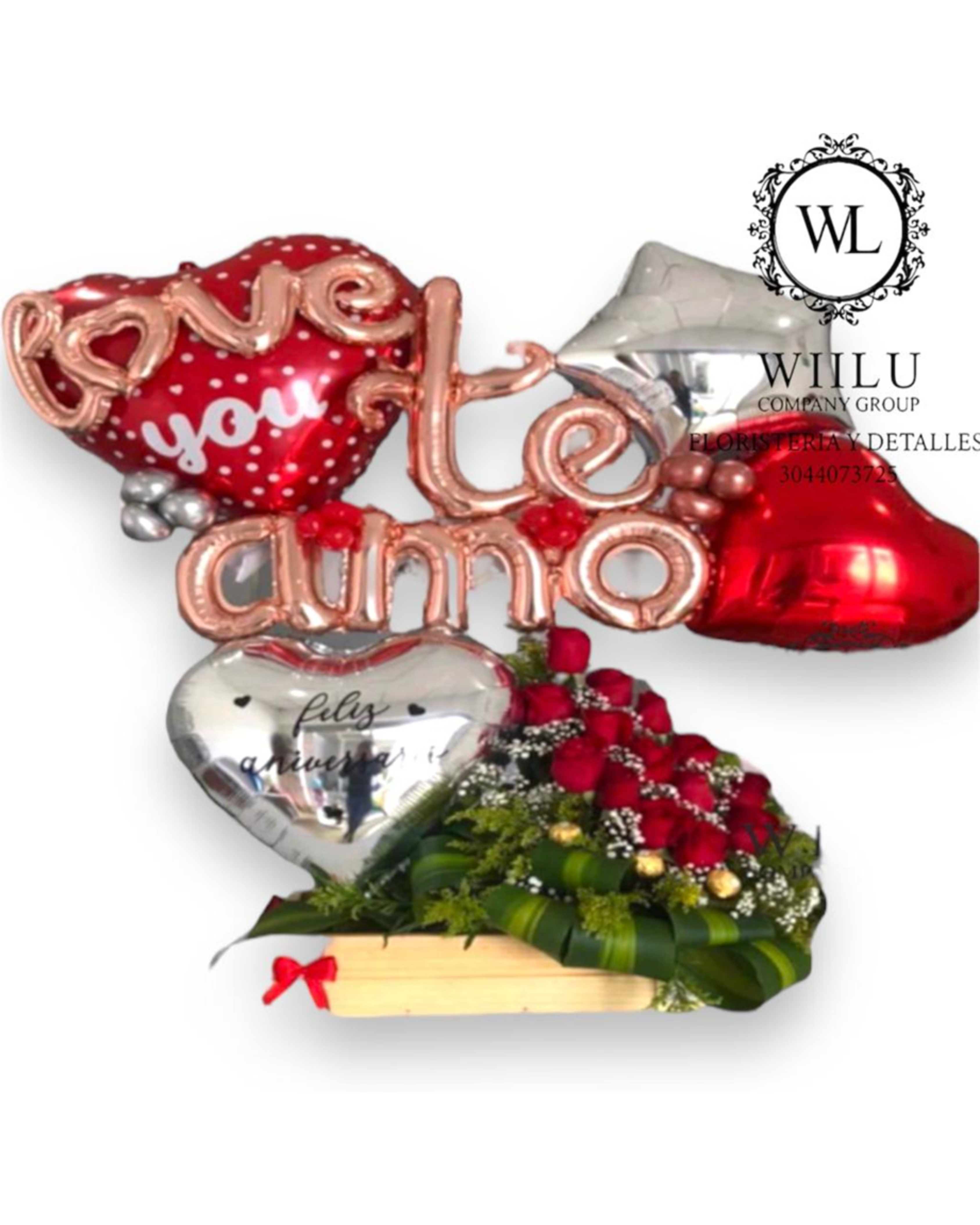 Arreglo floral y ancheta gigante con globos con letras