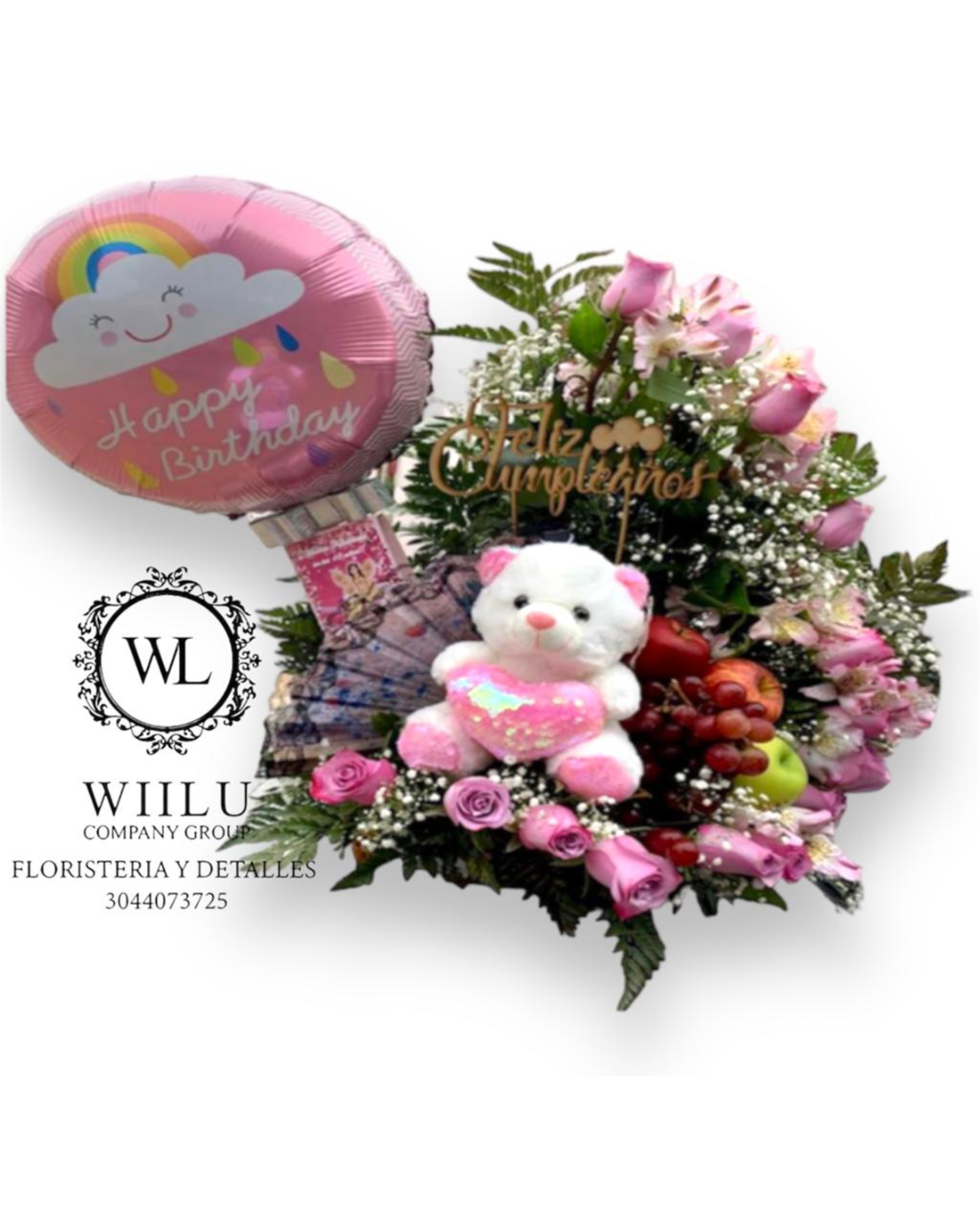 Arreglo de cumpleaños con globo metalizado + peluche + frutas