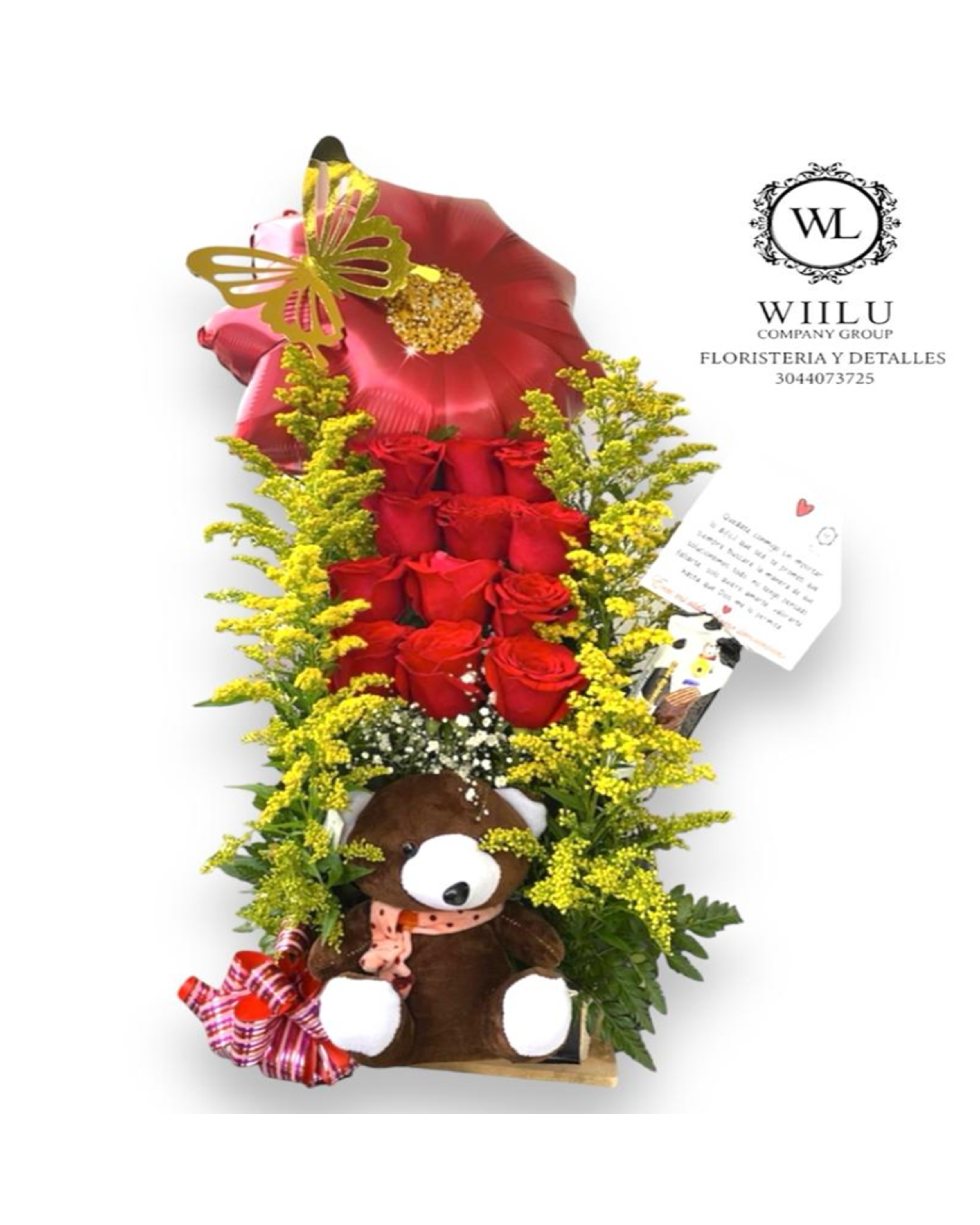 Arreglo floral con oso de peluche + globo metalizado