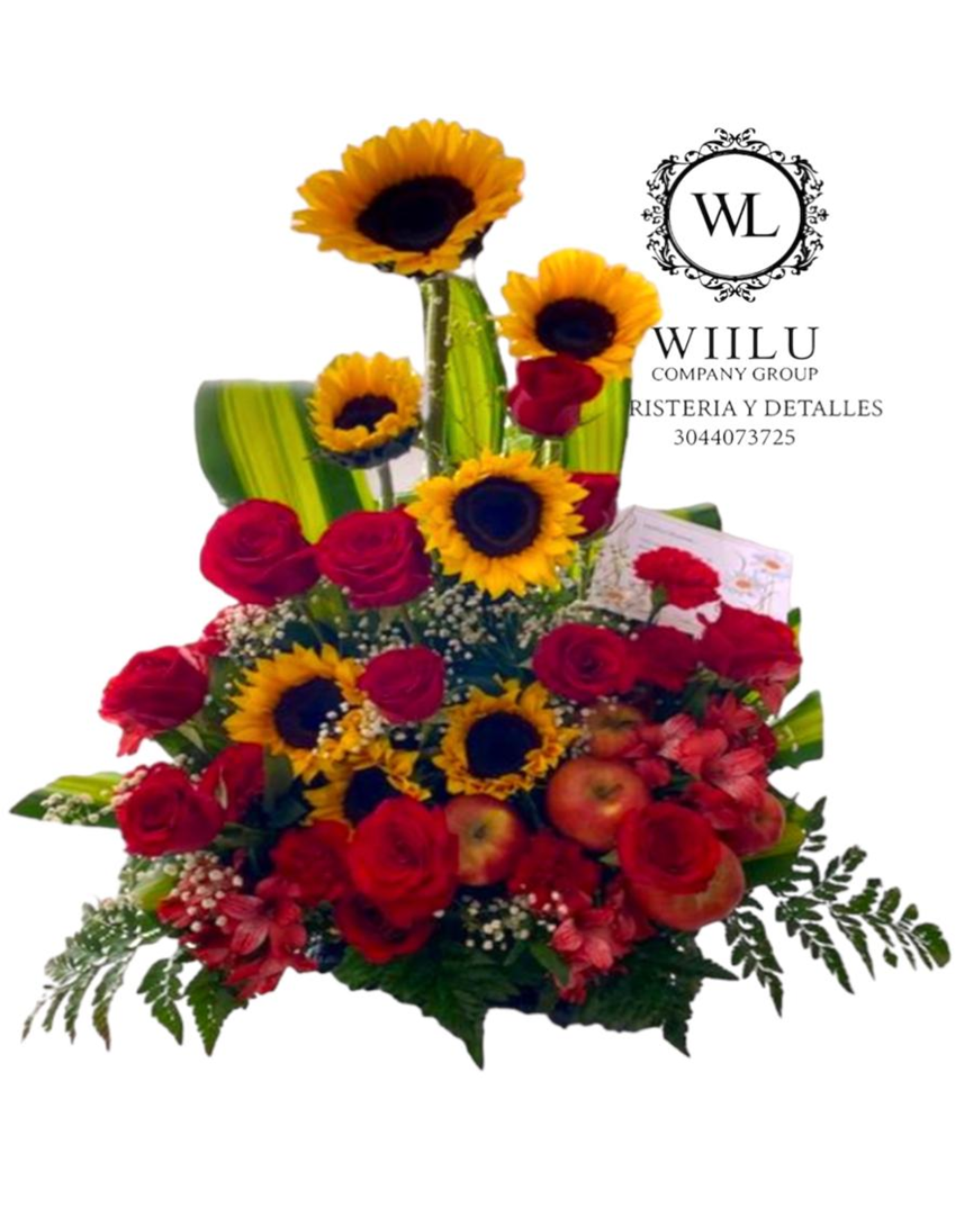 Arreglo floral de girasoles y rosas + frutas + globo y tarjeta personalizada