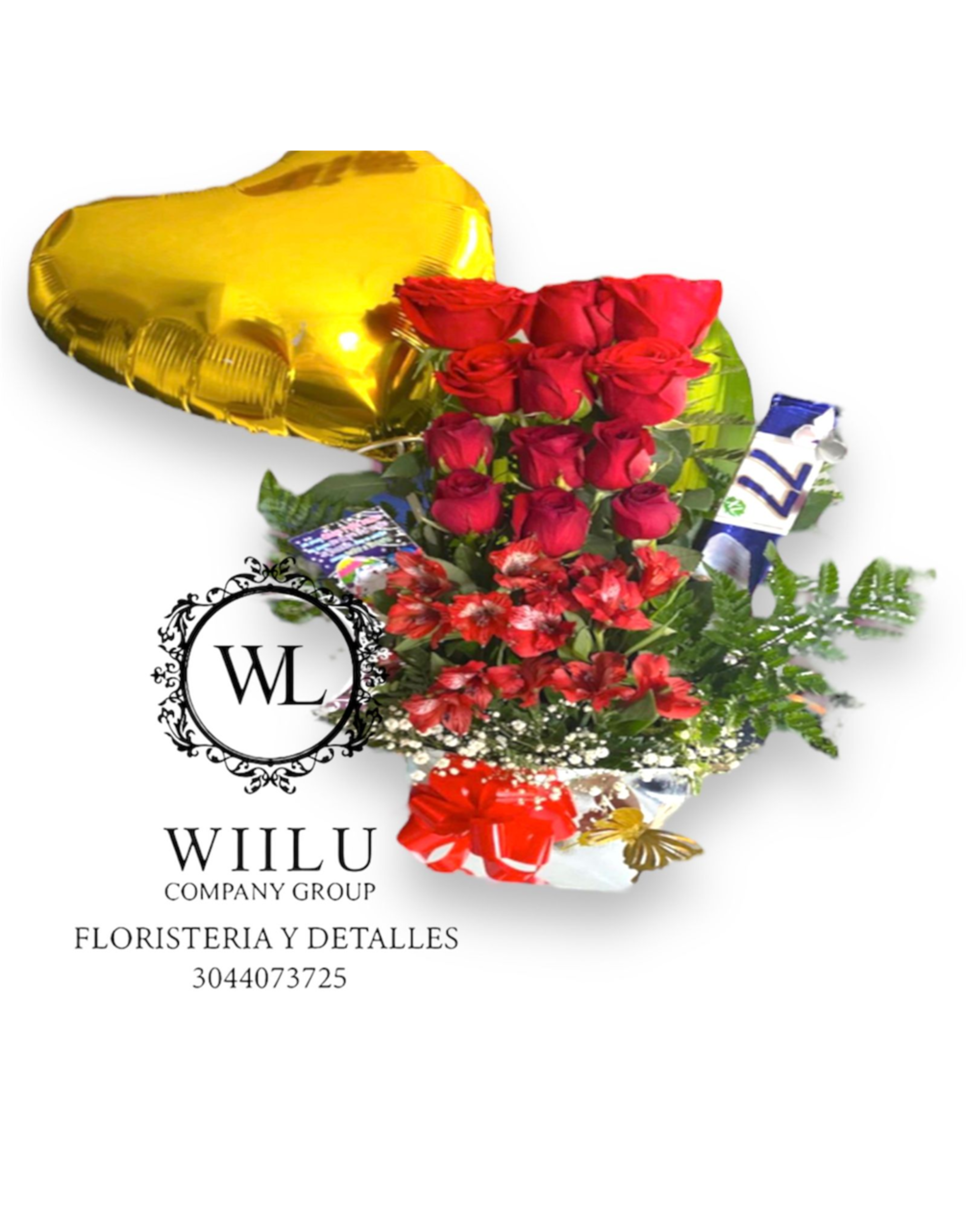 Arreglo floral romántico con globo + chocolates