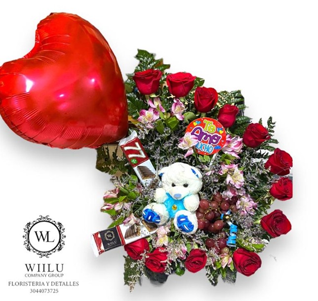 Arreglo floral + frutas + globo metalizado + peluche