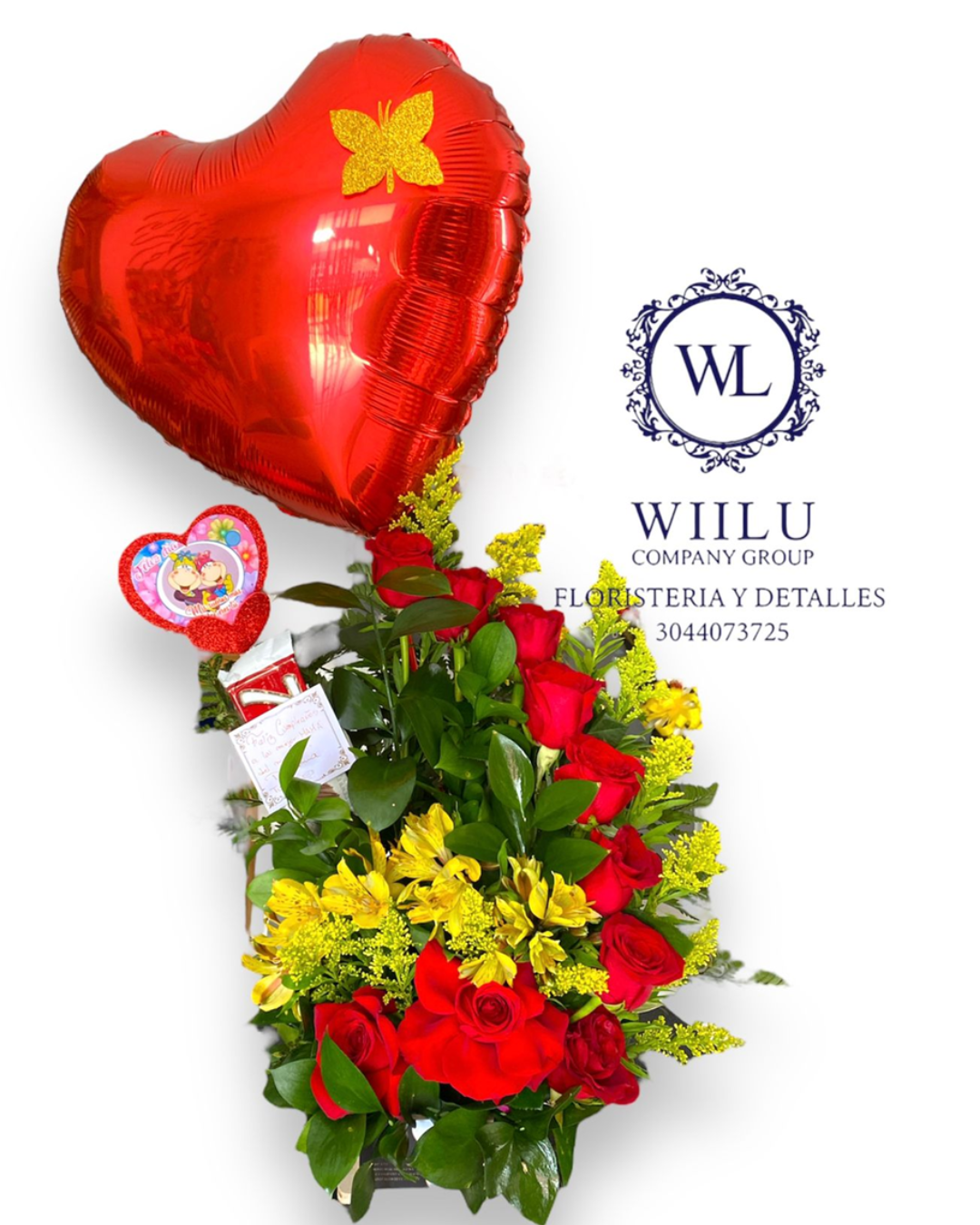 Arreglo Floral + Globo metálico 