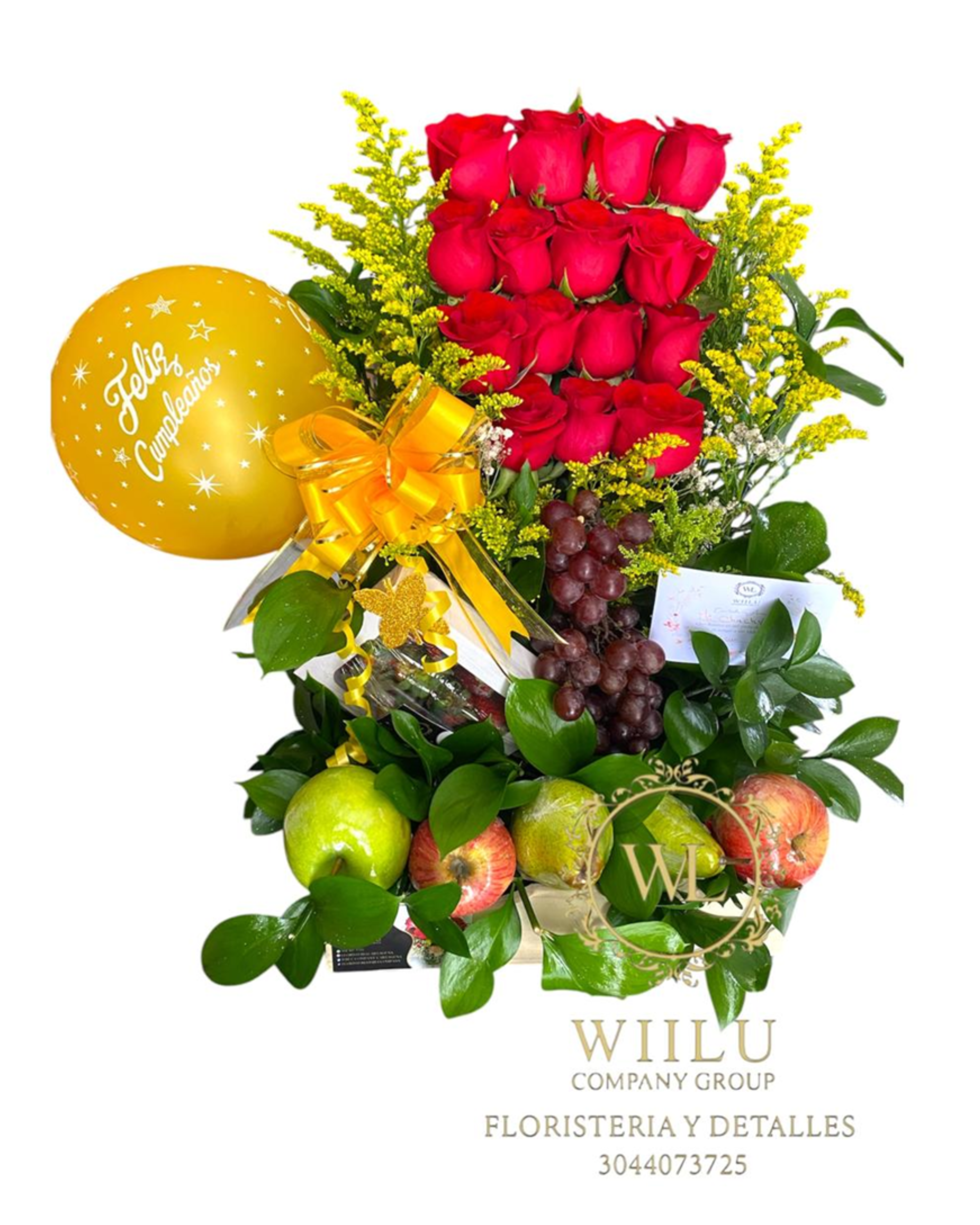 Arreglo de rosas + frutas + globo