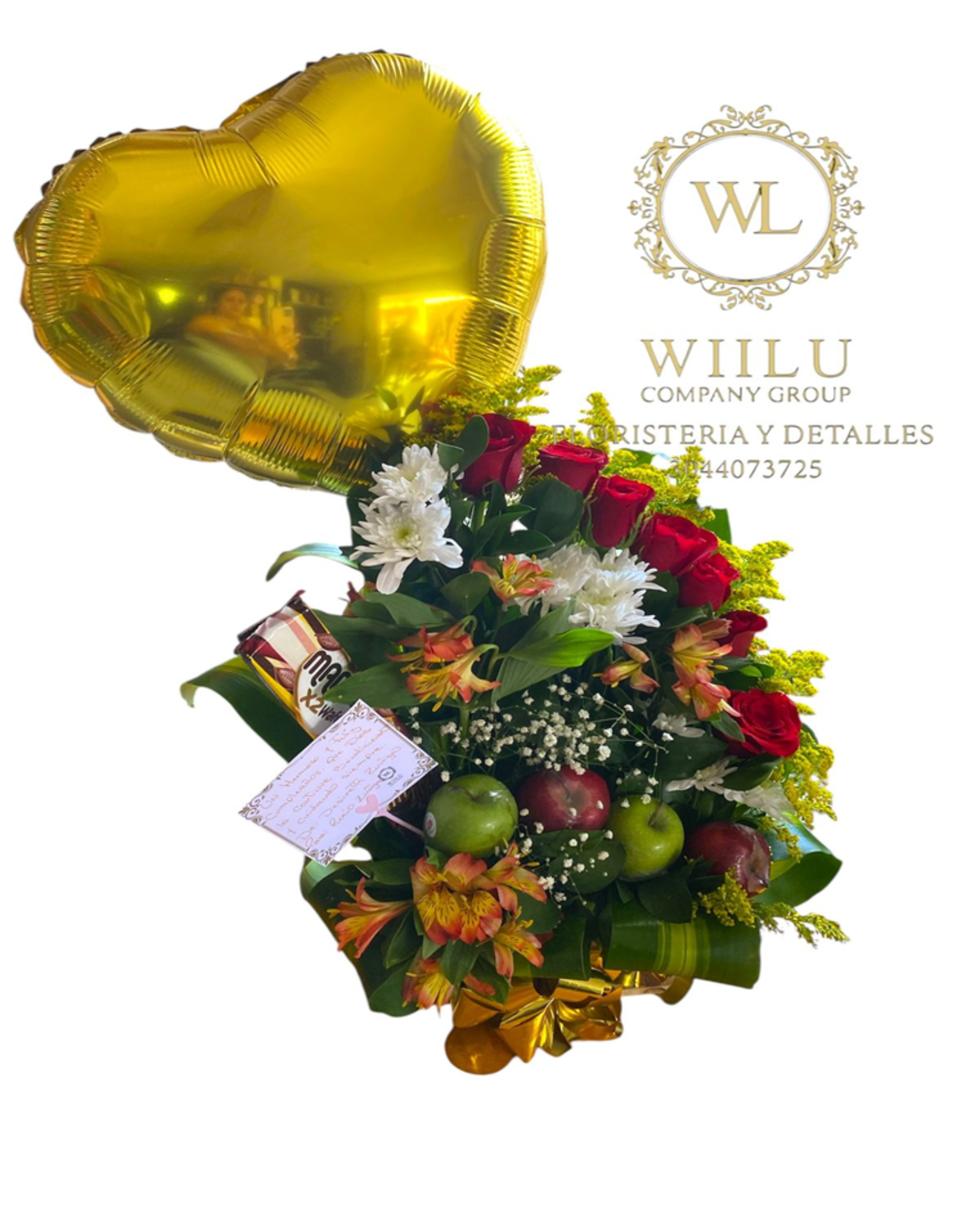 Arreglo de flores con globo metalizado y frutas