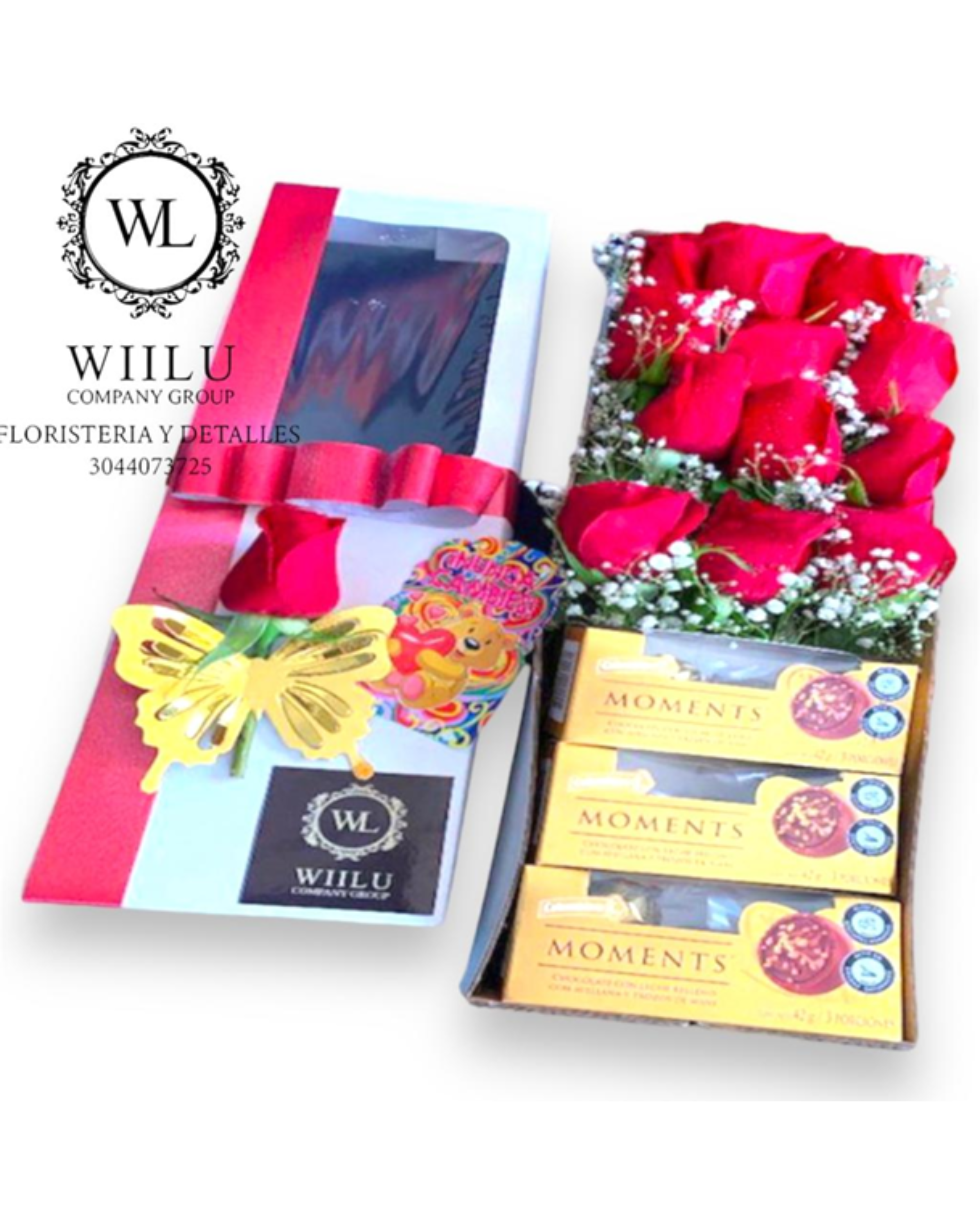 Caja sorpresa con rosas rojas + chocolates + decoraciones