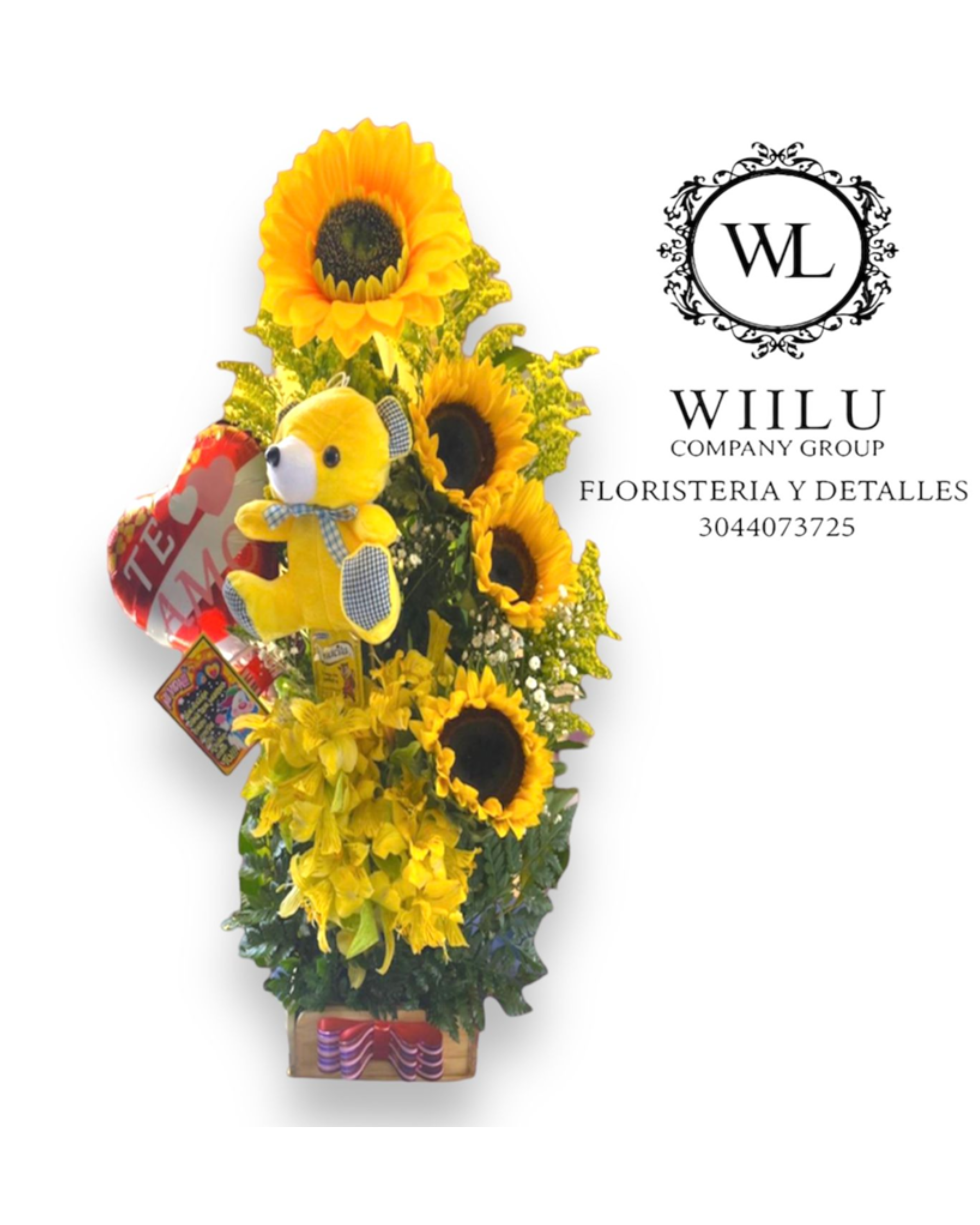 Arreglo de girasoles con peluche + globo metalizado