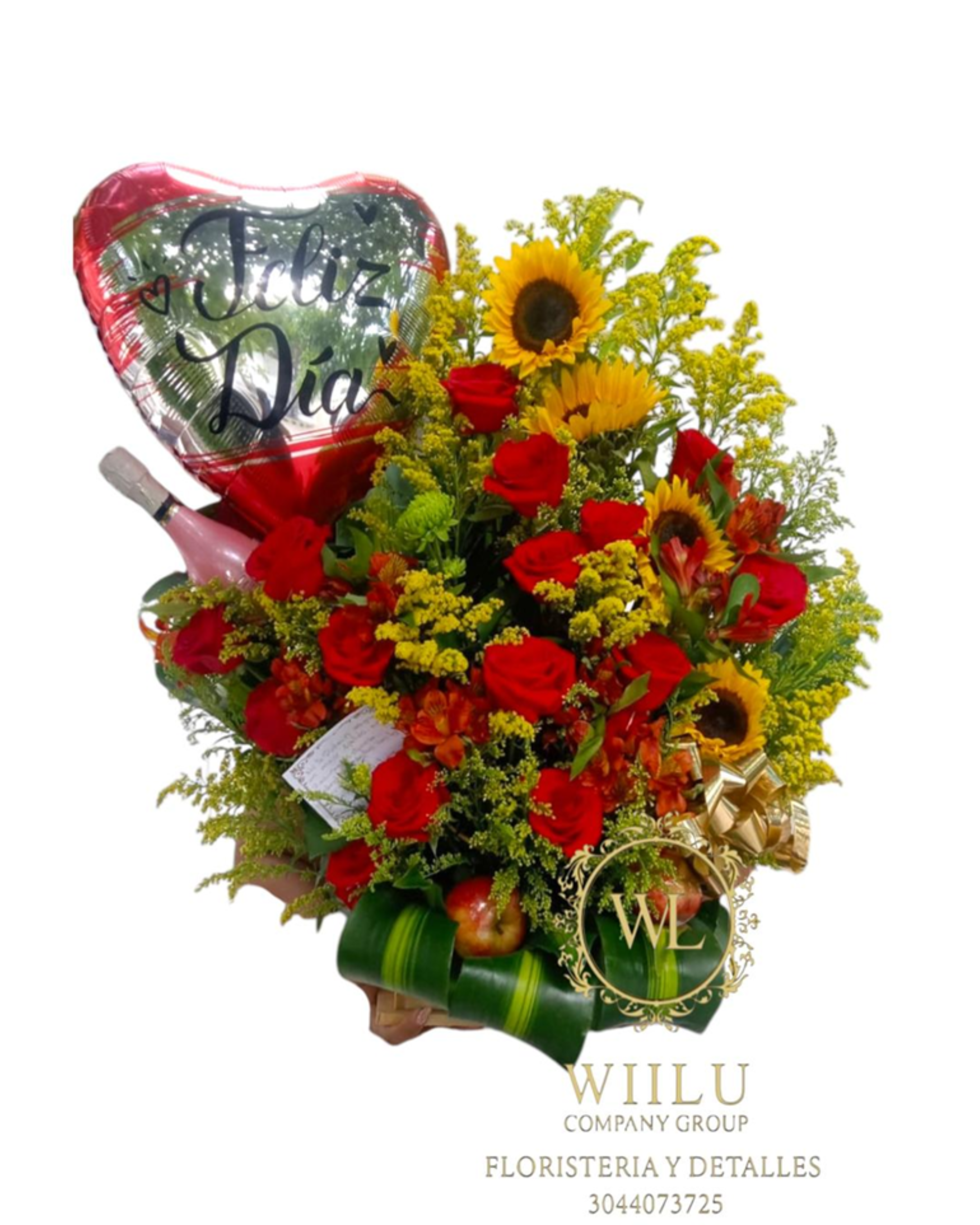 Arreglo floral con girasoles y rosas + champaña + globo metalizado 
