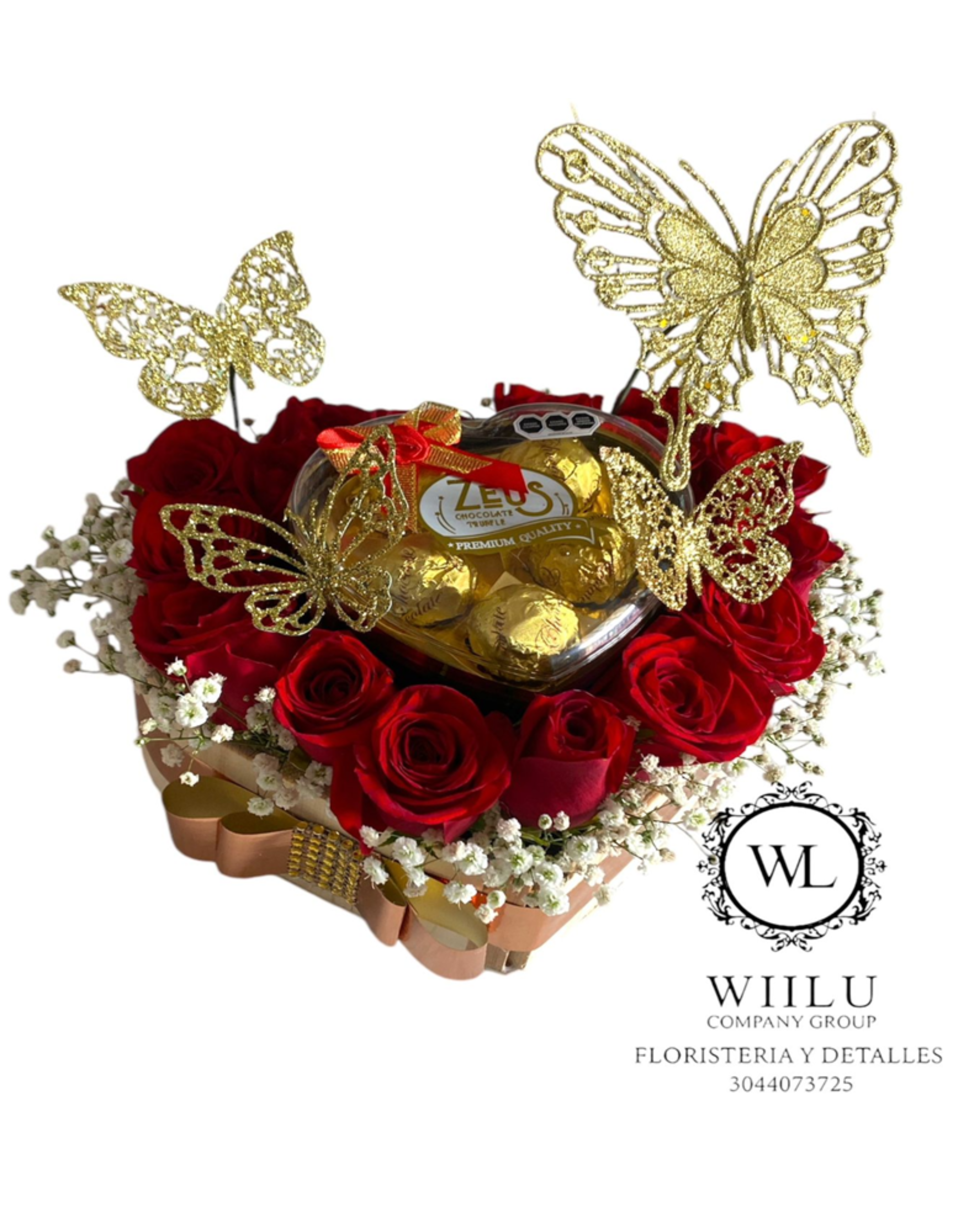 Arreglo en forma de corazón de rosas + chocolates