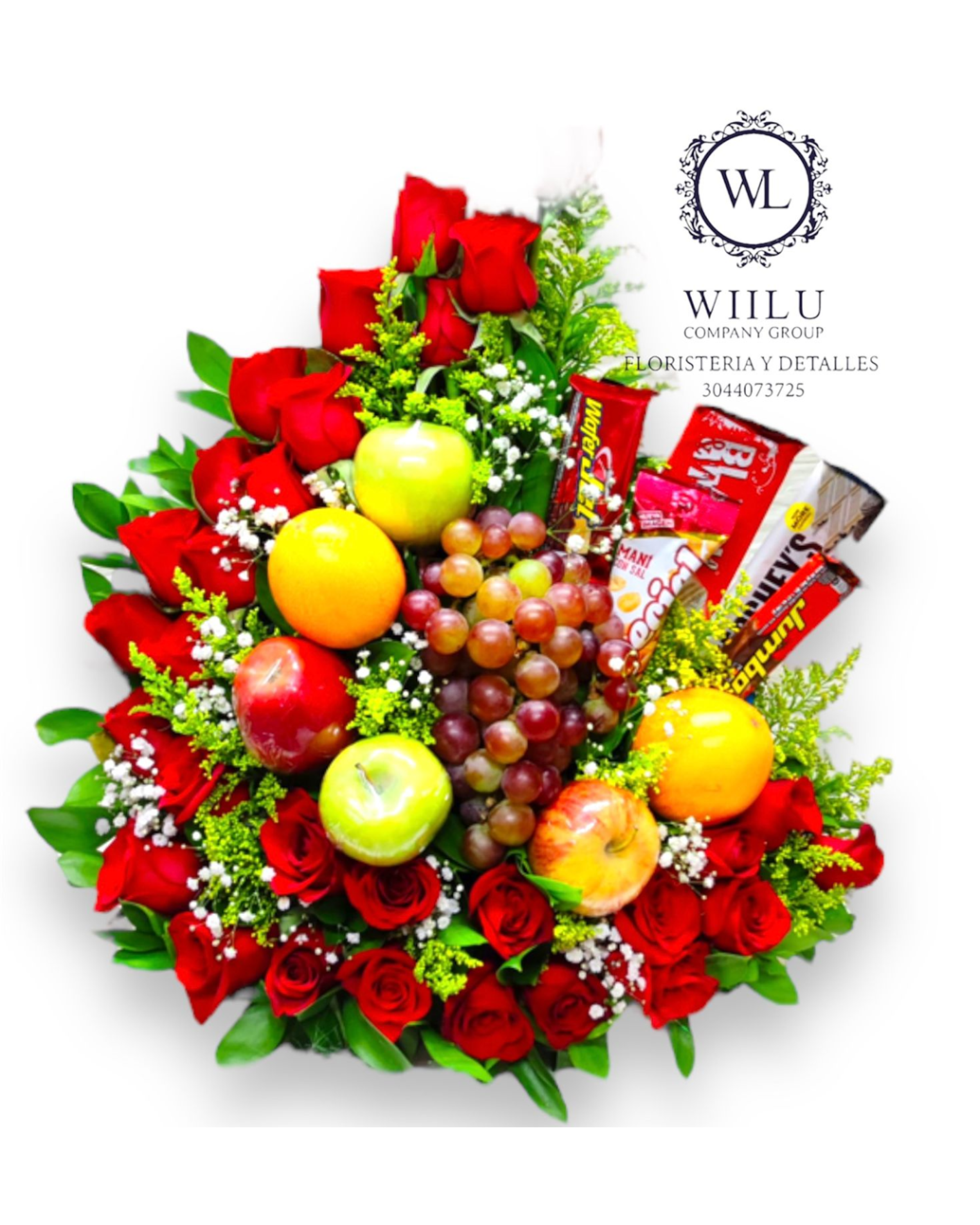 Arreglo de rosas + frutas + chocolates + mekatos