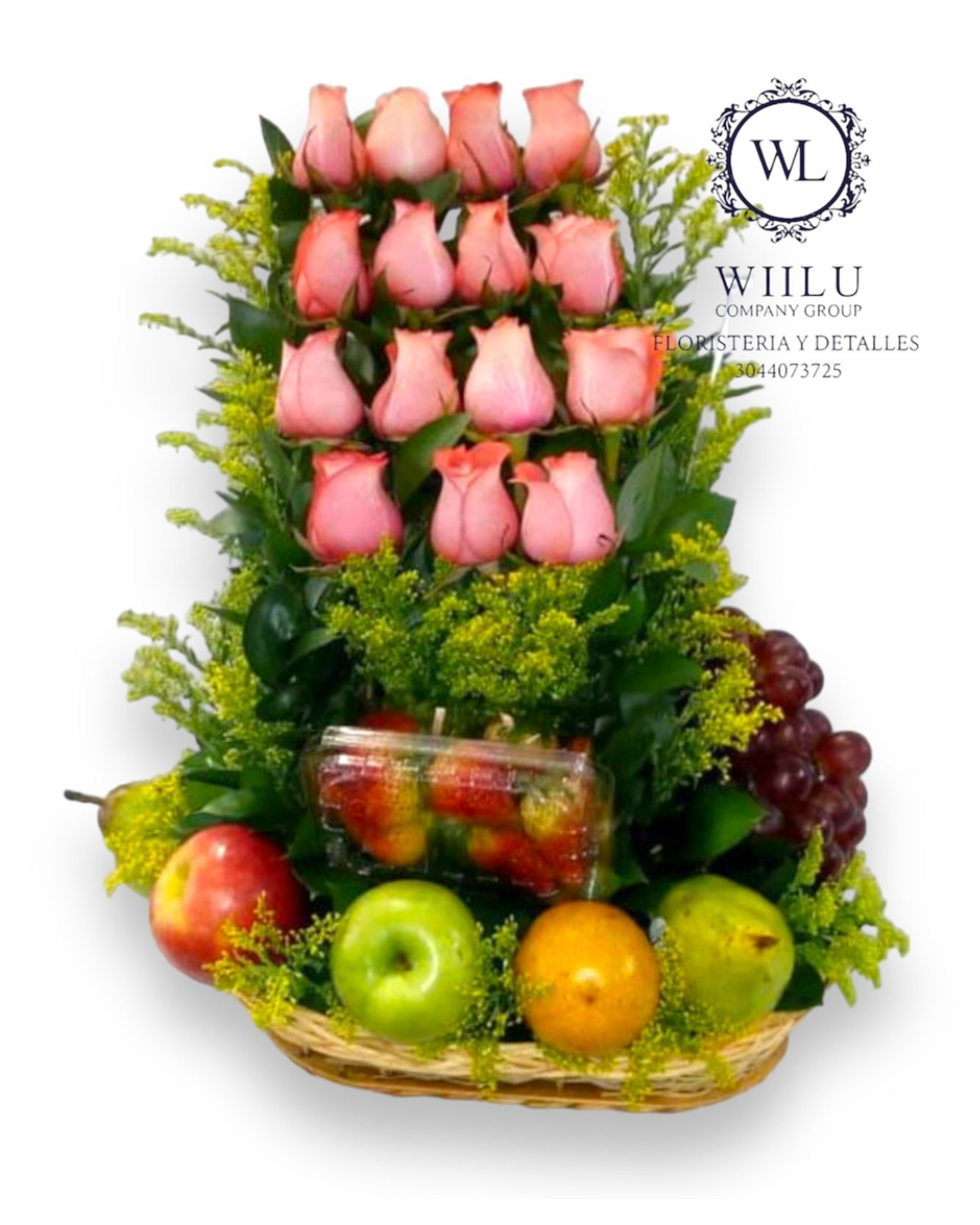 Arreglo de rosas + frutas + globo