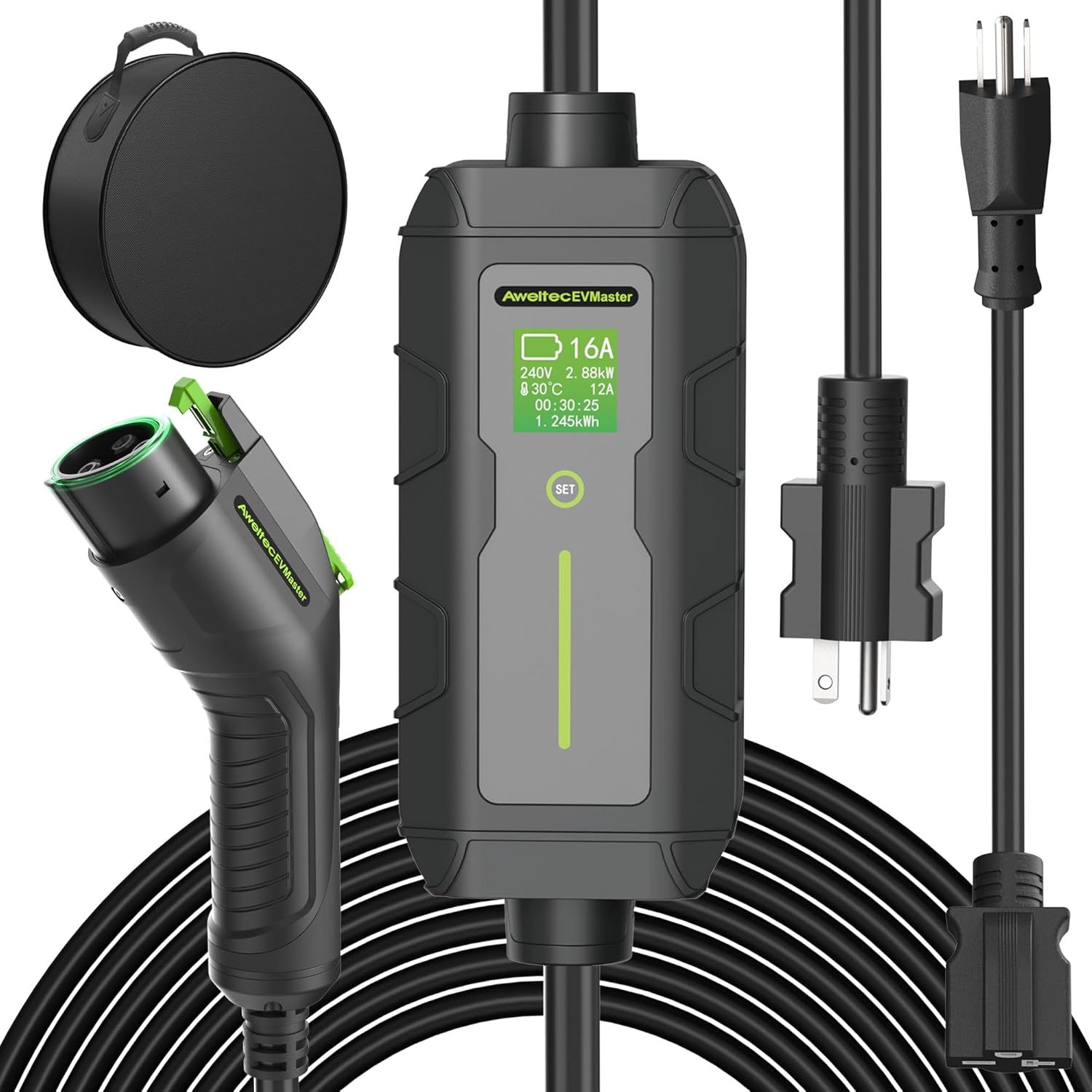 EVMaster Level 1 + 2 EV Charger, 18FT 16Amp 240Volt Electric Vehicle Portable Charger