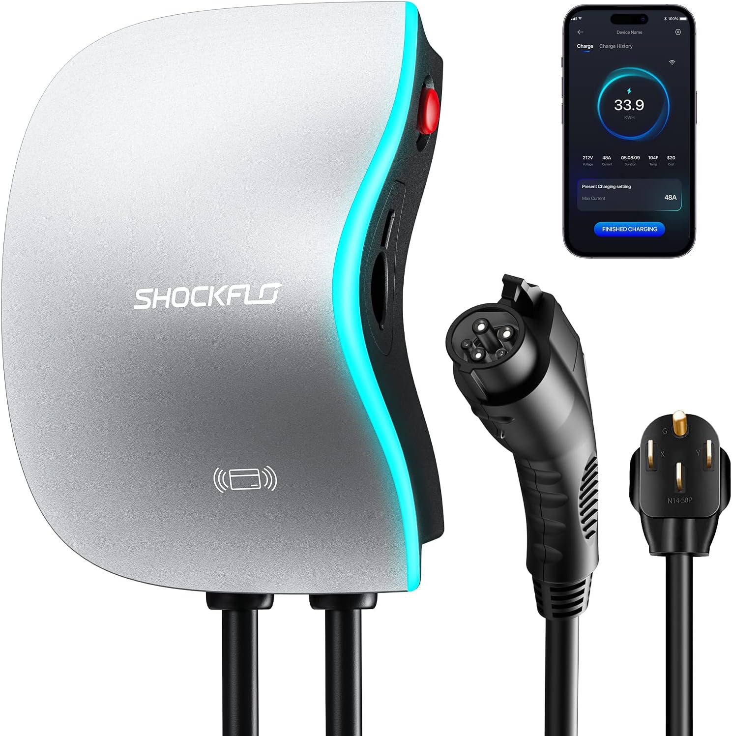 ShockFlo S1 Level 2 EV Charger (48A), NEMA 14-50 Plug or Hardwired EV Chargin...