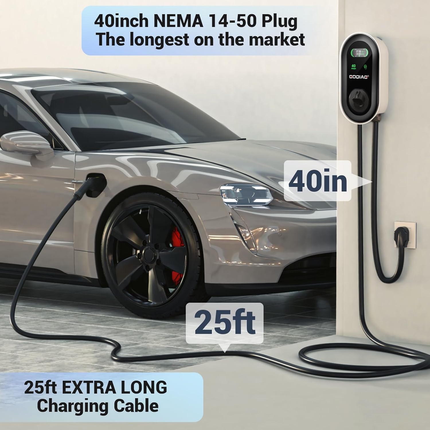 GODIAG Home Level 2 EV Charger, 40Amp, 9.6kw 240V, 25FT