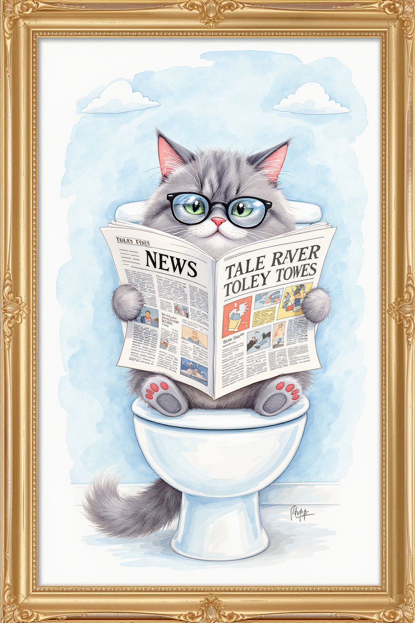 A cat sitting on a toilet reading a newspaper